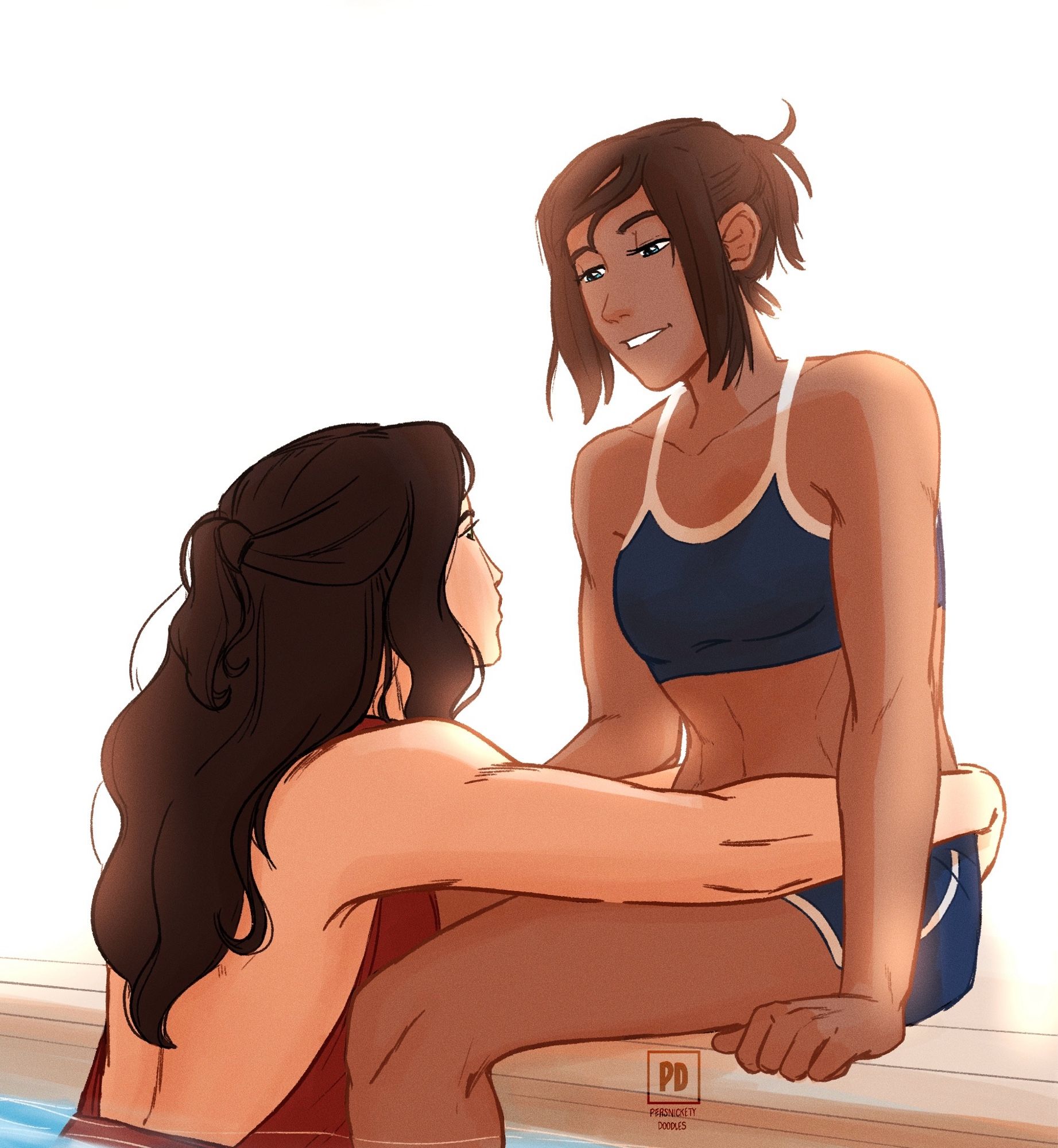 A digital drawing of Asami and Korra sitting at the edge of the pool. Korra is sitting on the side smiling at Asami who is in the pool with her arms wrapped around Korra’s legs.