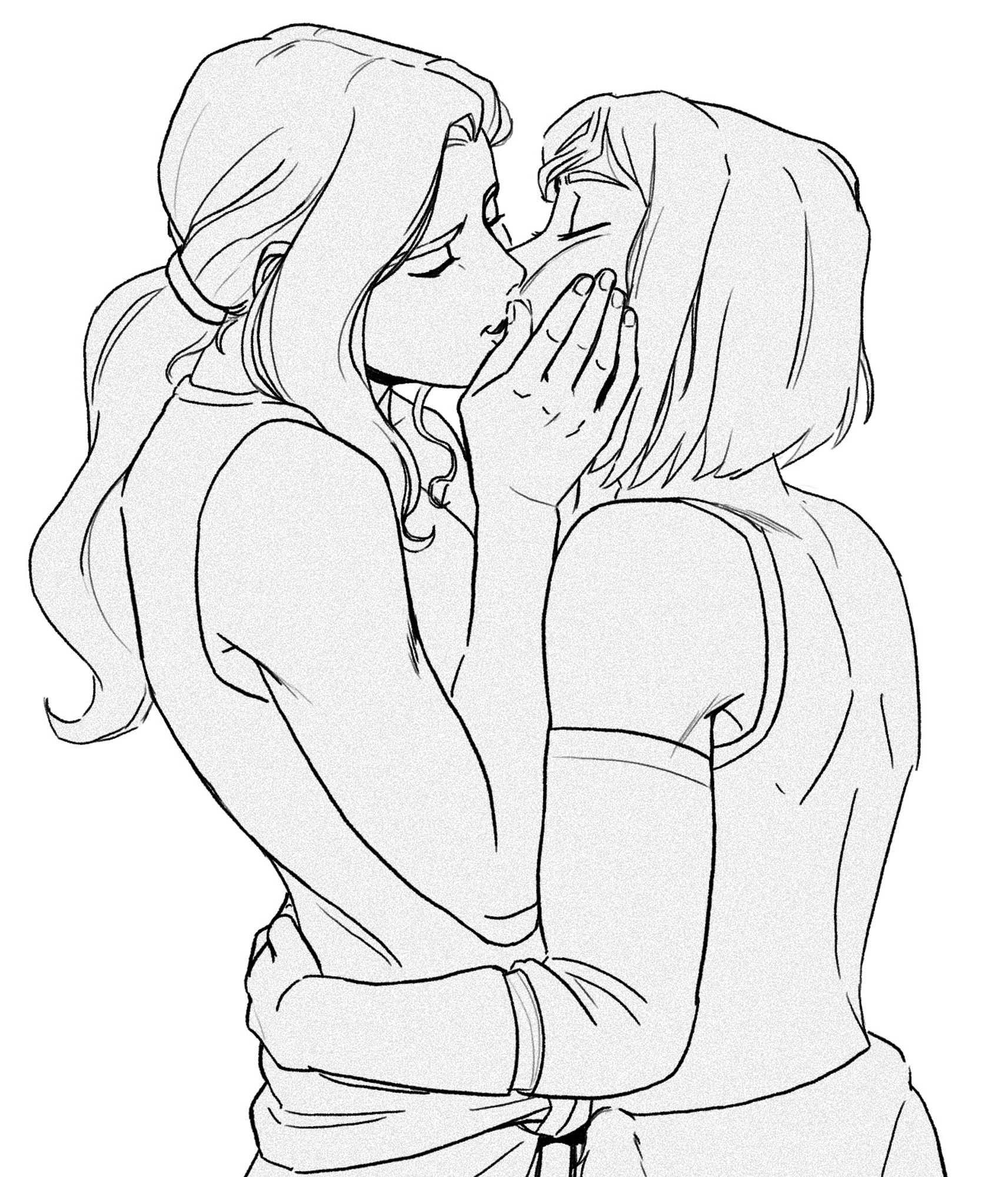 Digital drawing of Asami kissing Korra. Asami is in the left, cradling Korra’s cheek while Korra pulls Asami closer. This one is just the lineart.