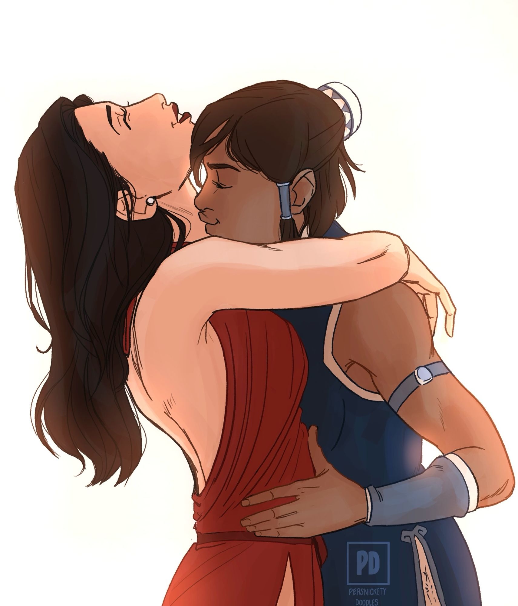 Digital drawing of Korra Kissing Asami on the neck. Asami is smiling with her arms wrapped around Korra’s shoulders.