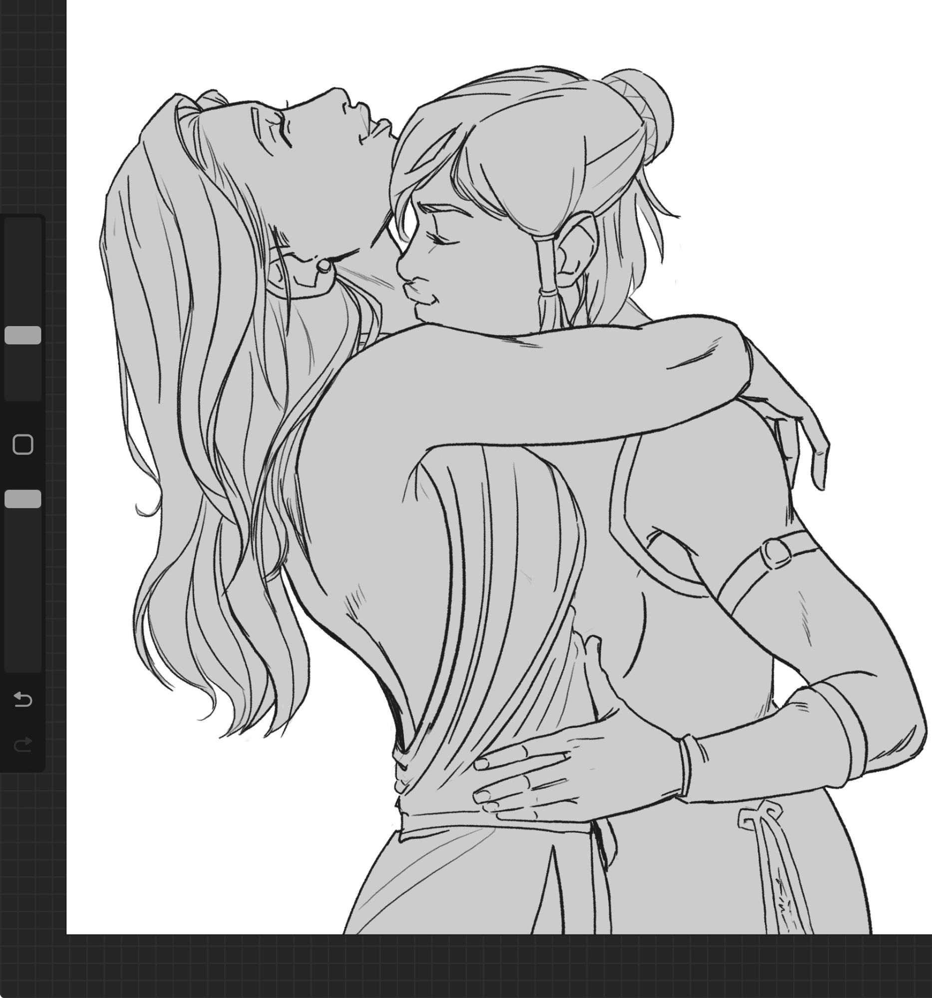 Digital drawing of Korra Kissing Asami on the neck. Asami is smiling with her arms wrapped around Korra’s shoulders.