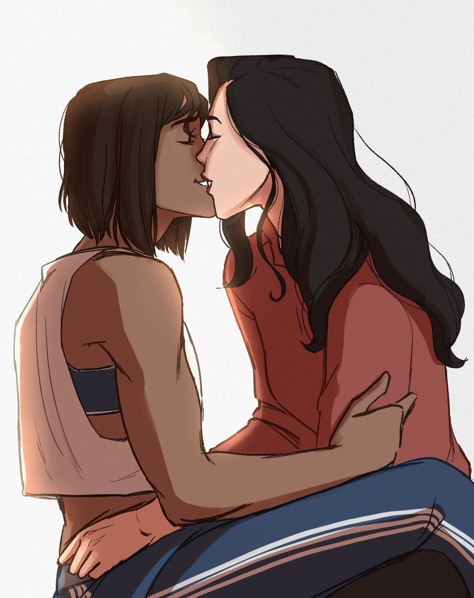 Digital Drawing of Korra and Asami Sato. Asami is on the right smiling while her lips touch Korra's. Korra is sitting on her, legs stretched out over Asami's. She is wearing a Dark blue sports bra, a while crop top tank and blue sweats. Asami is wearing a light red sweater and black leggings.