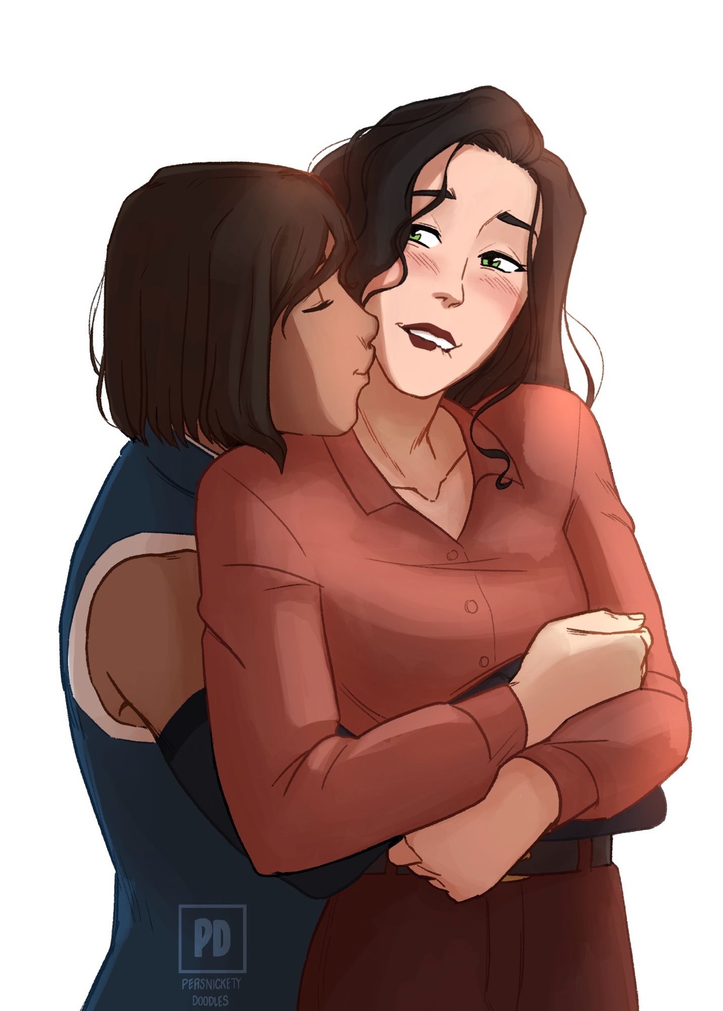 Digital korrasami drawing. Korra is still holding Asami from behind, her arms wrapped around her waist while she kisses her neck. Asami is now holding Korra’s hands as she bites her own lips.