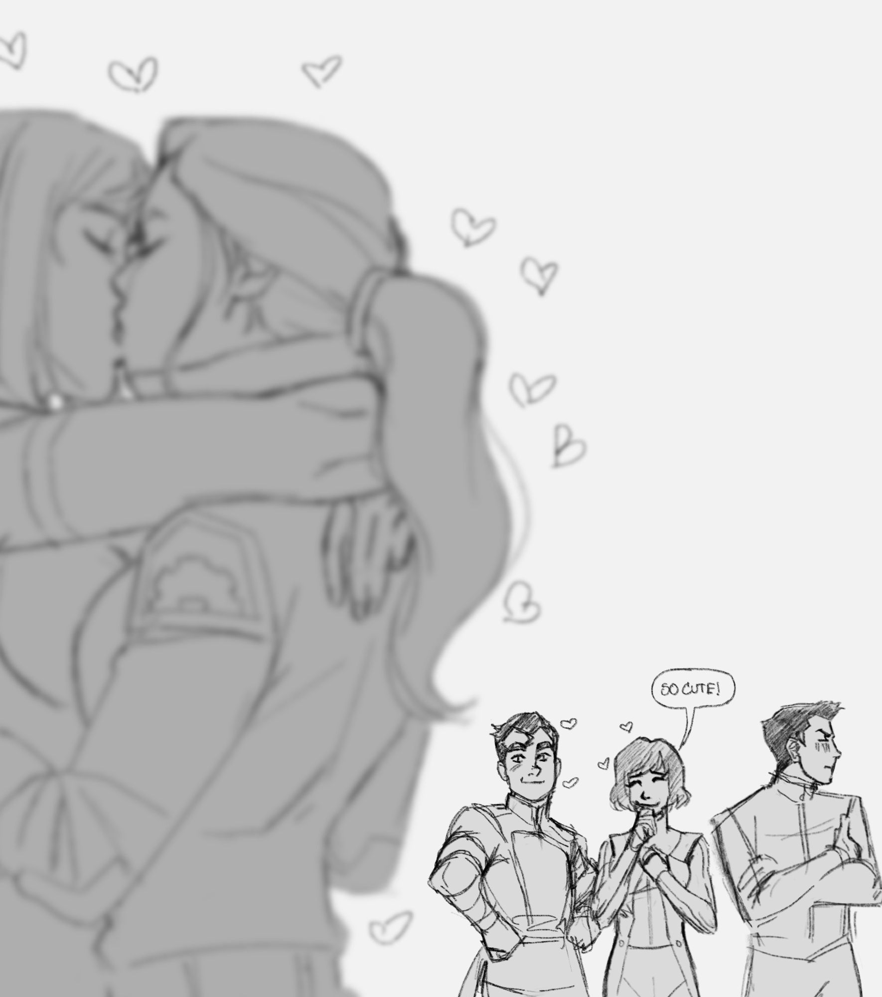 Korra and Asami are blurred in the foreground framed by little hearts around them. In the background, Bolin and Opal look on, with Opal commenting "so cute." Mako looks away, slightly embarrassed.