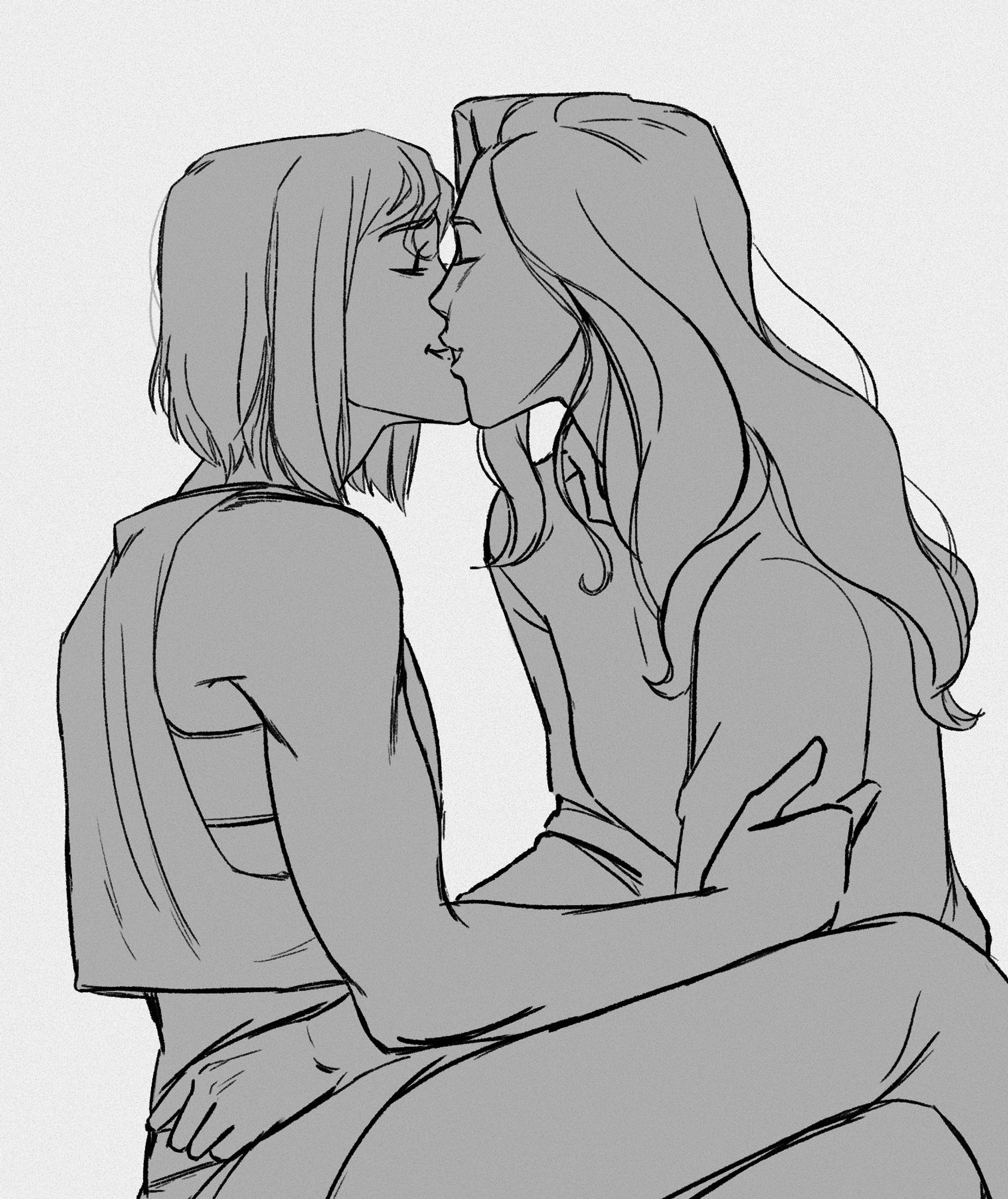 Digital Drawing of Korra and Asami Sato. Asami is on the right smiling while her lips touch Korra's. Korra is sitting on her, legs stretched out over Asami's. This is a colorless version.