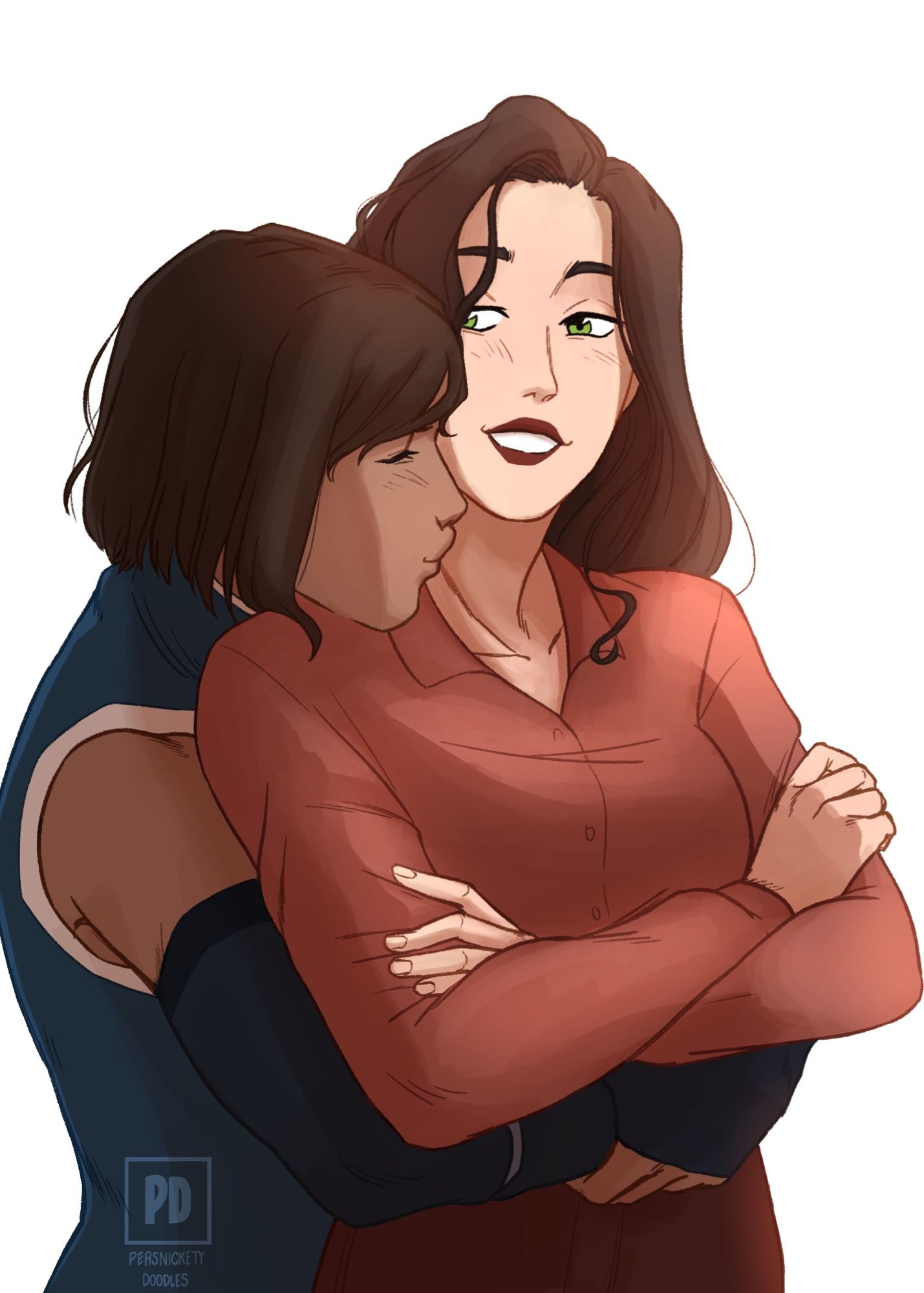 Digital korrasami drawing. Korra is holding Asami from behind, her arms wrapped around her waist while she kisses her neck. Asami’s arms are crossed smiling back at Korra.