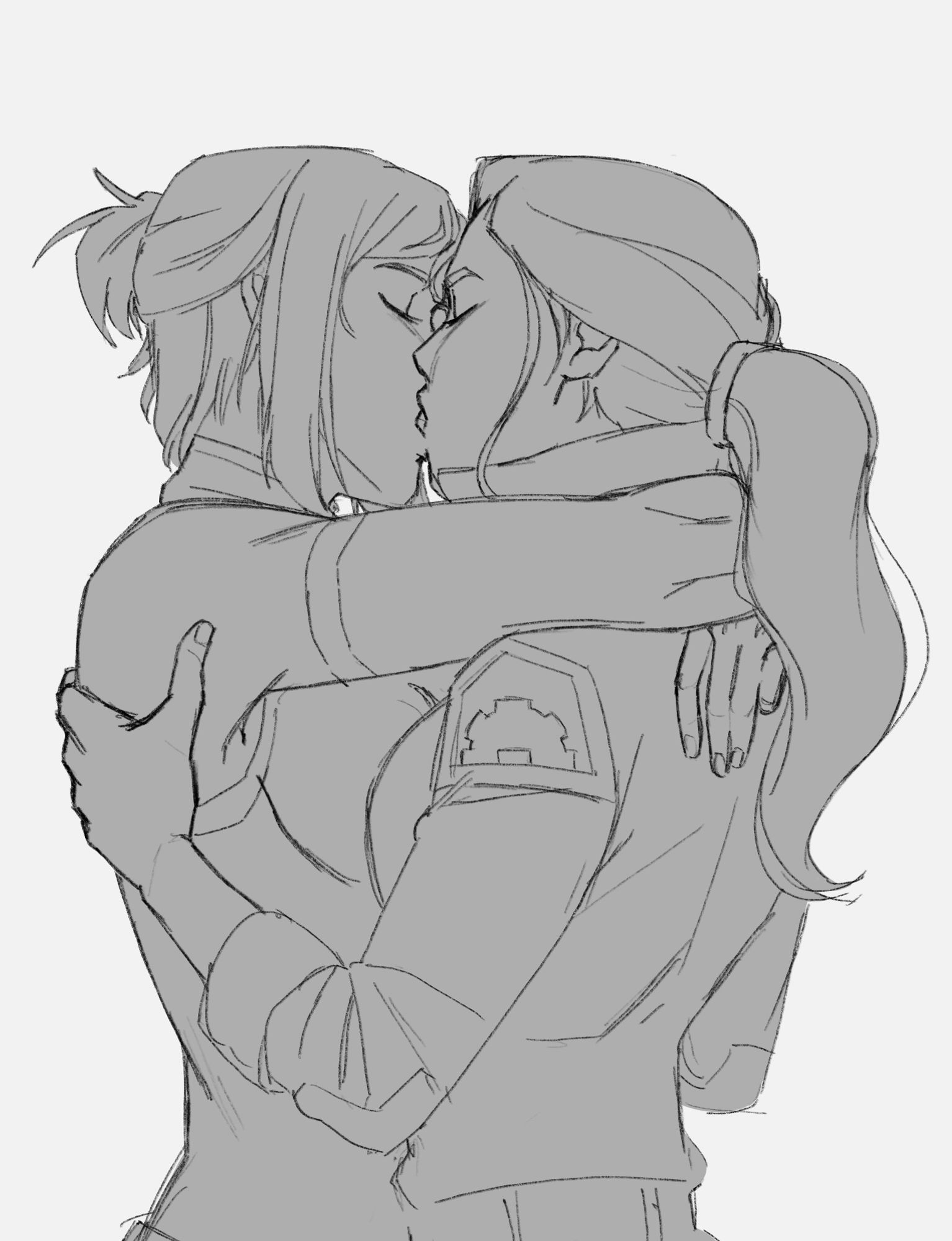 Digital drawing of Korra and Asami Sato. Korra is kissing Asami while her her arms are wrapped around her neck. Asami is holding Korra closer, with a hand on the back of her shoulders. Korra has half her hair up in a wolf-tail, and Asami has her hair in a pony tail, appearing to have been working on something.