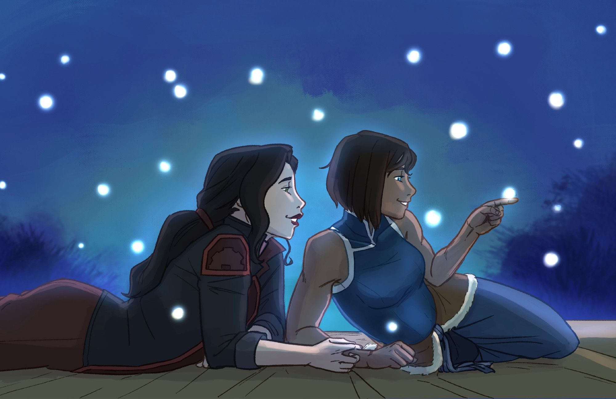 Korra and Asami are lying on a the ground. Asami is on her stomach, smiling and looking at the glowing Spirit on Korra's finger. Korra is right in front of her lying on her side, also smiling at the glowing spirit on her finger.