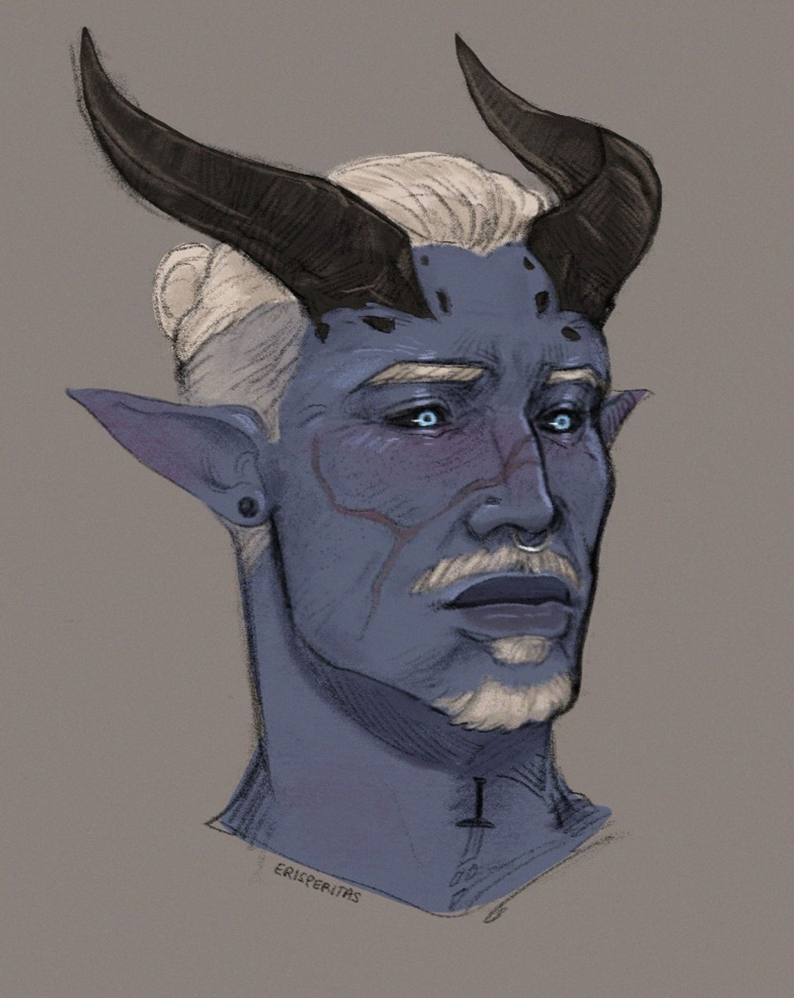 Warren, a grey-ish blue tiefling with black horns and wears his white hair in an undercut with a high bun. He also has facial hair, a septum ring and a shattered sword tattoo on his neck. His eyes are a bright blue with dark scleras.