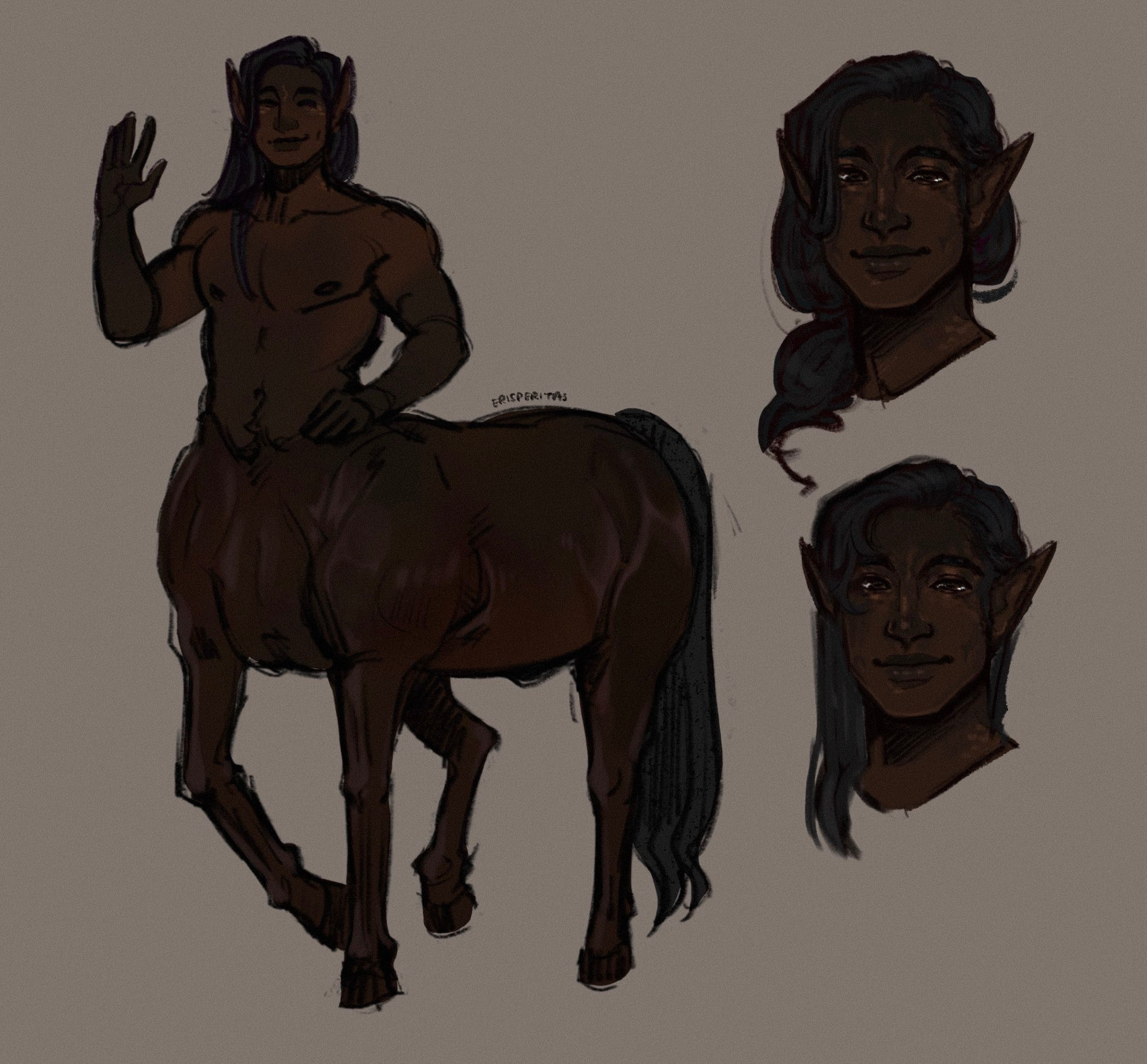 Callum, a centaur with dark, deep brown skin and longer black hair.