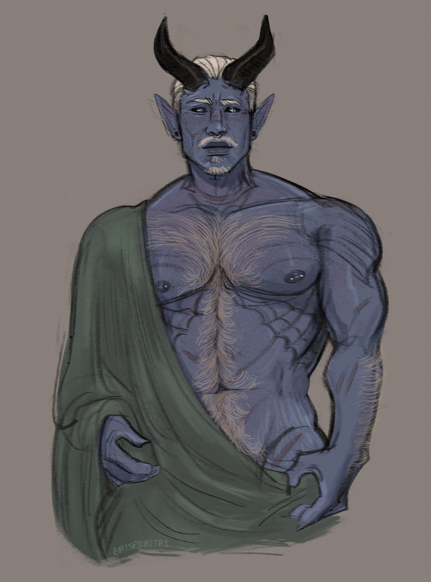 Warren, a grey-ish blue tiefling with black horns and wears his white hair in an undercut with a high bun. He also has facial hair, a septum ring and a shattered sword tattoo on his neck. His eyes are a bright blue with dark scleras.

He stands with a green cloth draped over his right shoulder that covers just past his lower torso.