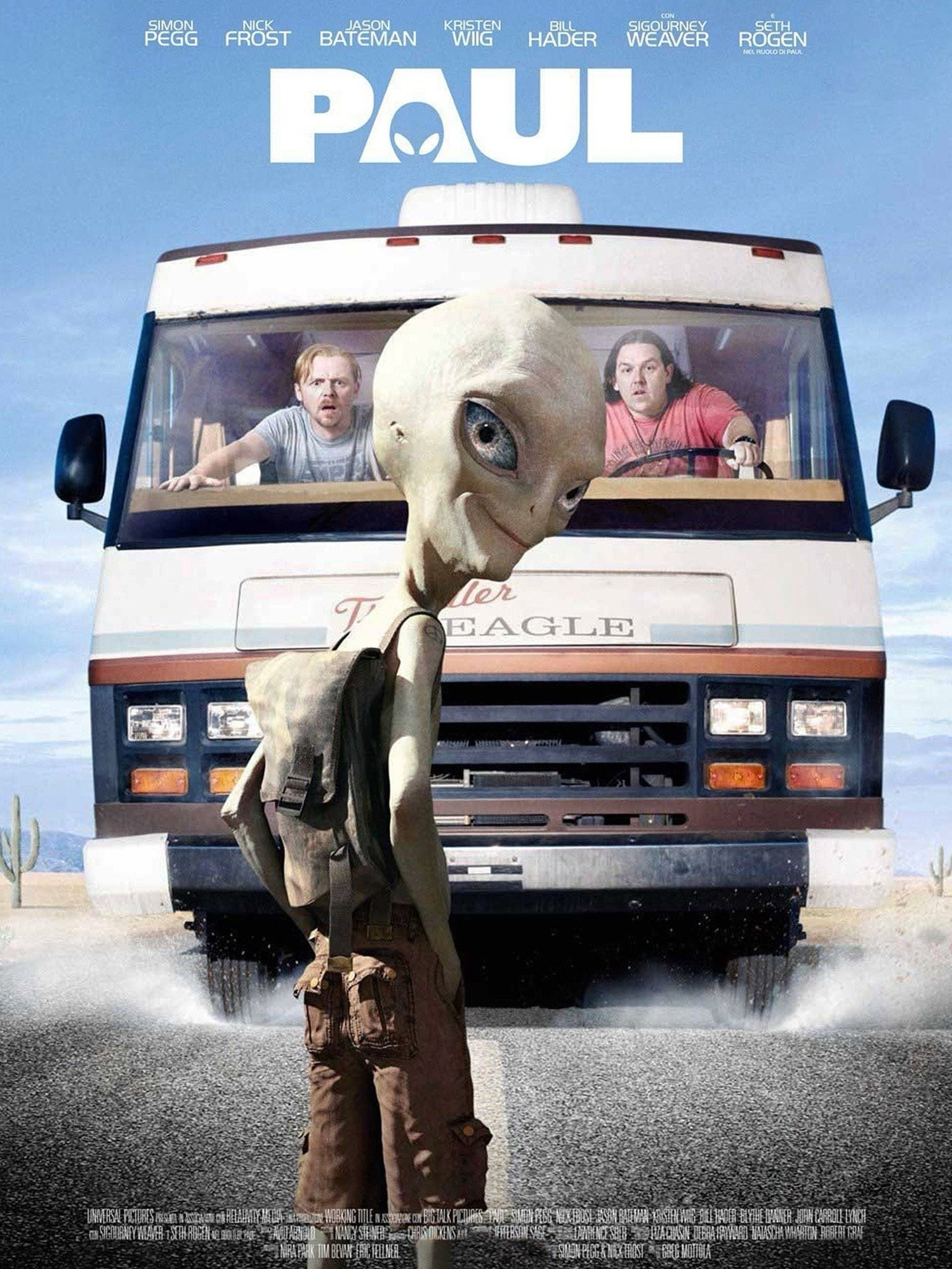 Movie poster for "Paul", featuring an alien standing in the road, about to be hit by an RV driven by Nick Frost & Simon Pegg