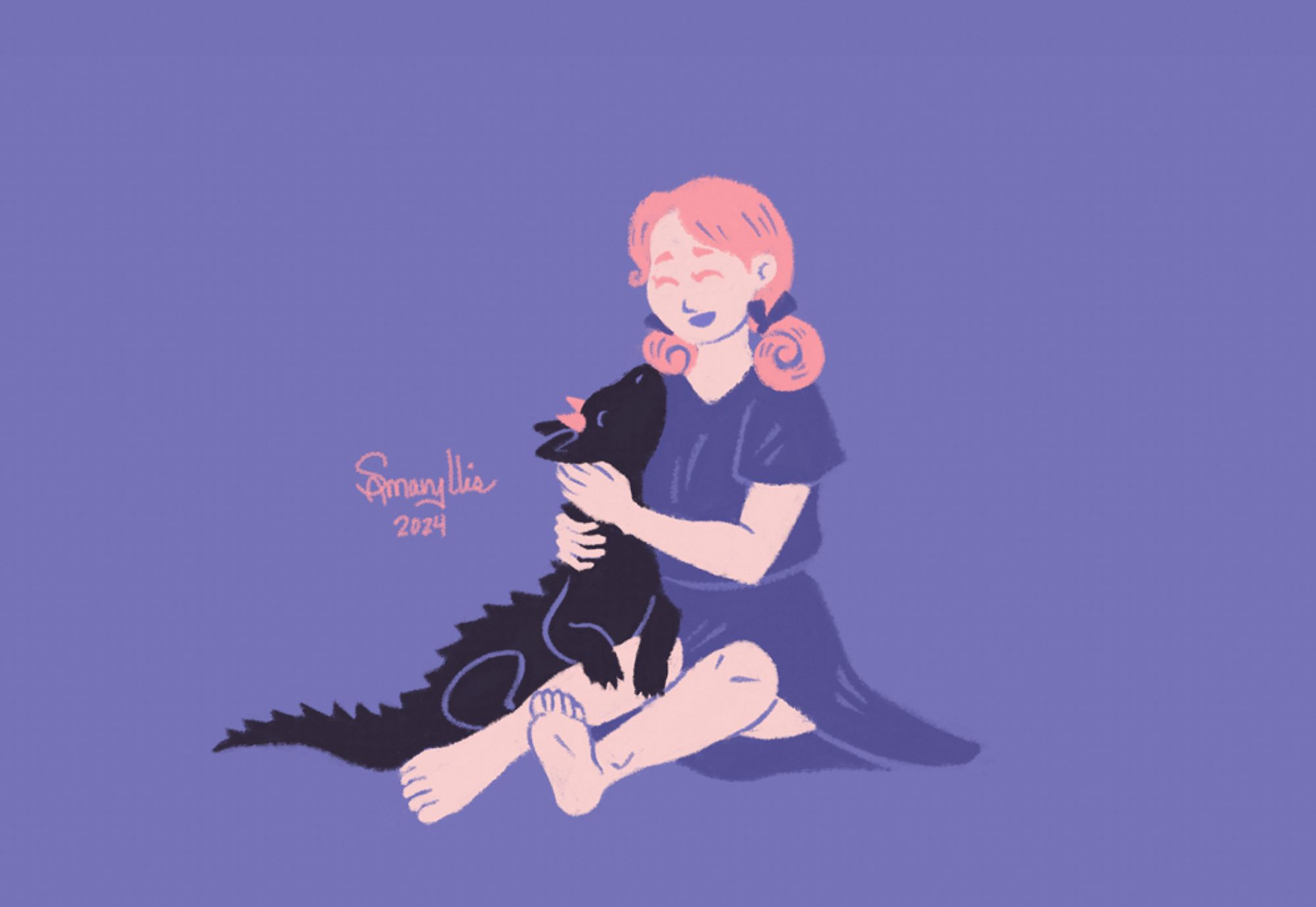 Drawing of a light-skinned girl with curled pink hair parted into pigtails and wearing a purple sleeved dress. She's happily hugging a dark-colored dragon that has small pink horns.