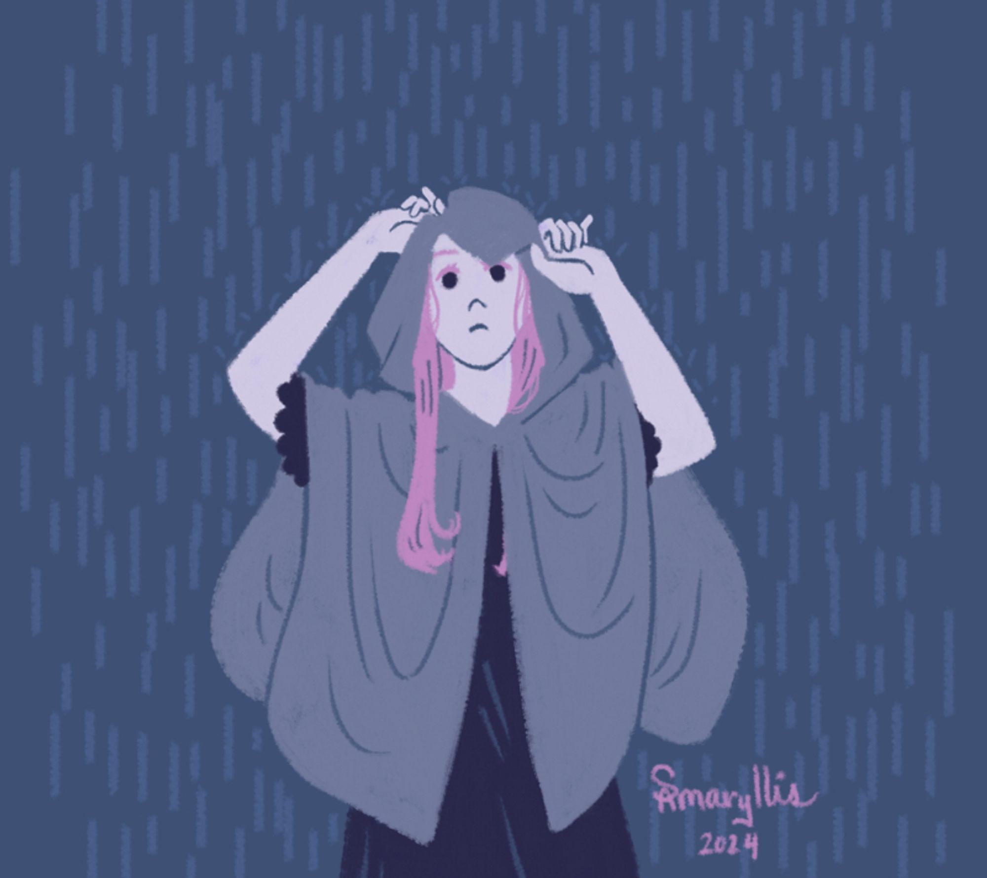 Drawing of a light-skinned woman with long pink hair curled at the ends. She's wearing a poncho-styled hooded cloak in a blue-grey color, and a dark purple dress with frilled short sleeves. She's in the middle of putting up her hood, looking up, against a background of raindrops