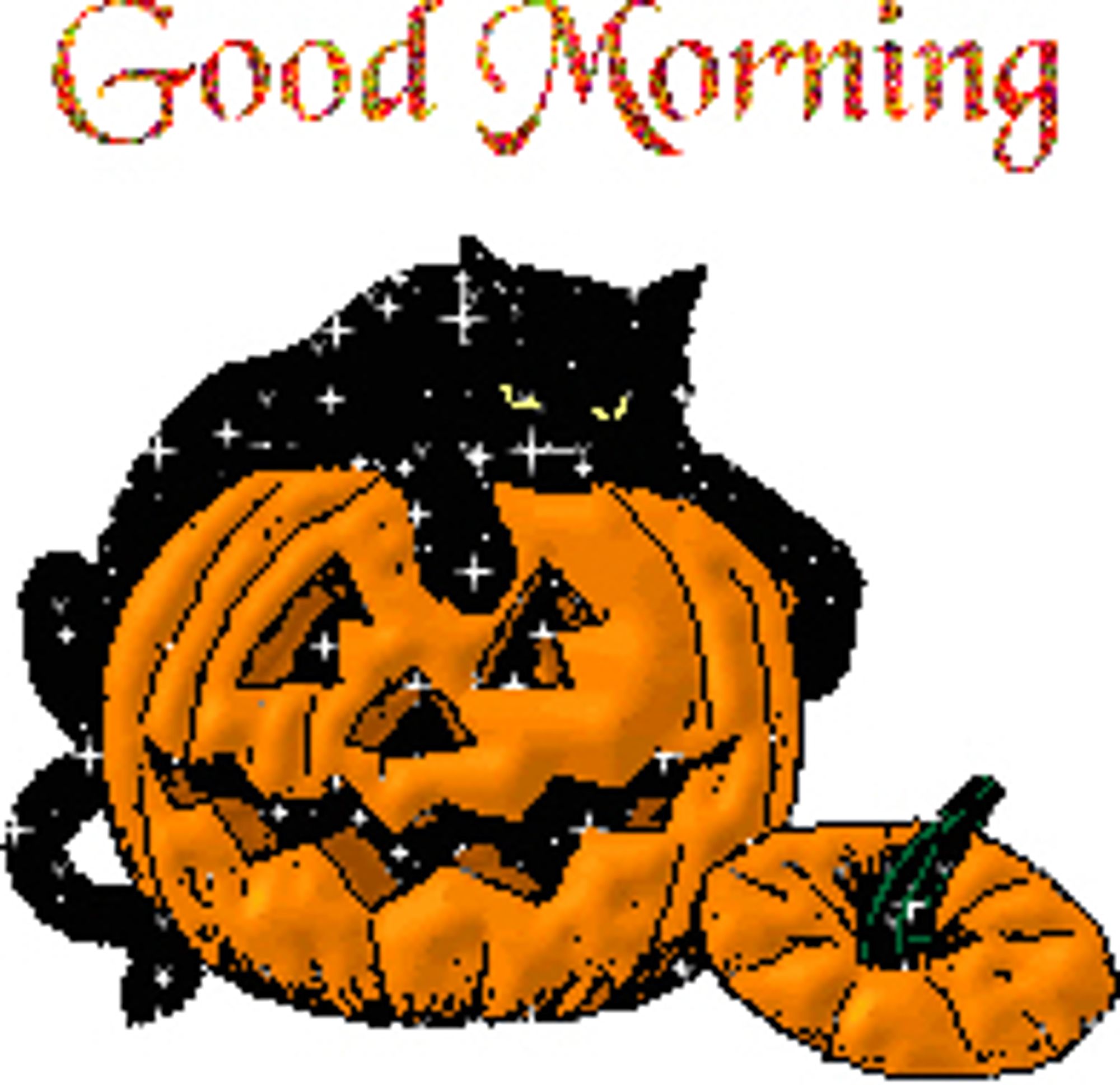 this one was a gif originally. in that sorta pixelated cartoon old school gif art style, a black cat lies on top of a jack-o’-lantern with its top on the ground next to it. the cat and the space inside the jack-o’-lantern are like a starry night sky. the background is solid white and it says ‘good morning’ at the top in a sorta script-y font