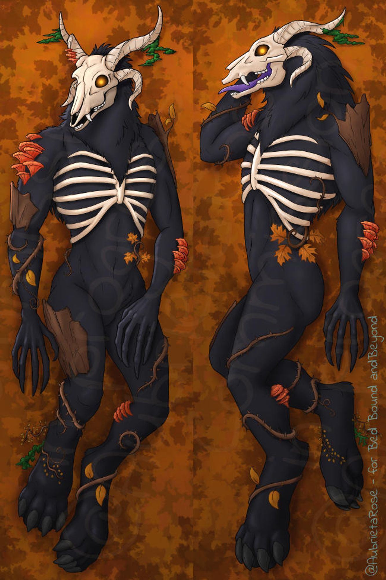 Two angles of a posing leshen, a creature with a dark body, exposed ribcage, and autumn-themed vines and mushrooms sprouting from his body, with a skull face a mix of deer and goat with a twin pair of horns and glowing orange eyes. The first image is him laying on his back, the second turned to one side with his jaw open and tongue exposed. Both are tall images intended for the front and back of a body pillow.