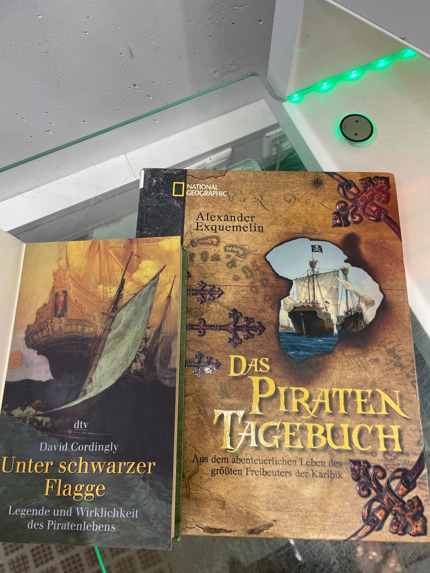 Zwei Bücher über Piraterie, „Das Piraten Tagebuch“ und „Unter Schwarzer Flagge“, die Cover sind auch richtig geil piratig mit Schatzkarte und Schiff und so