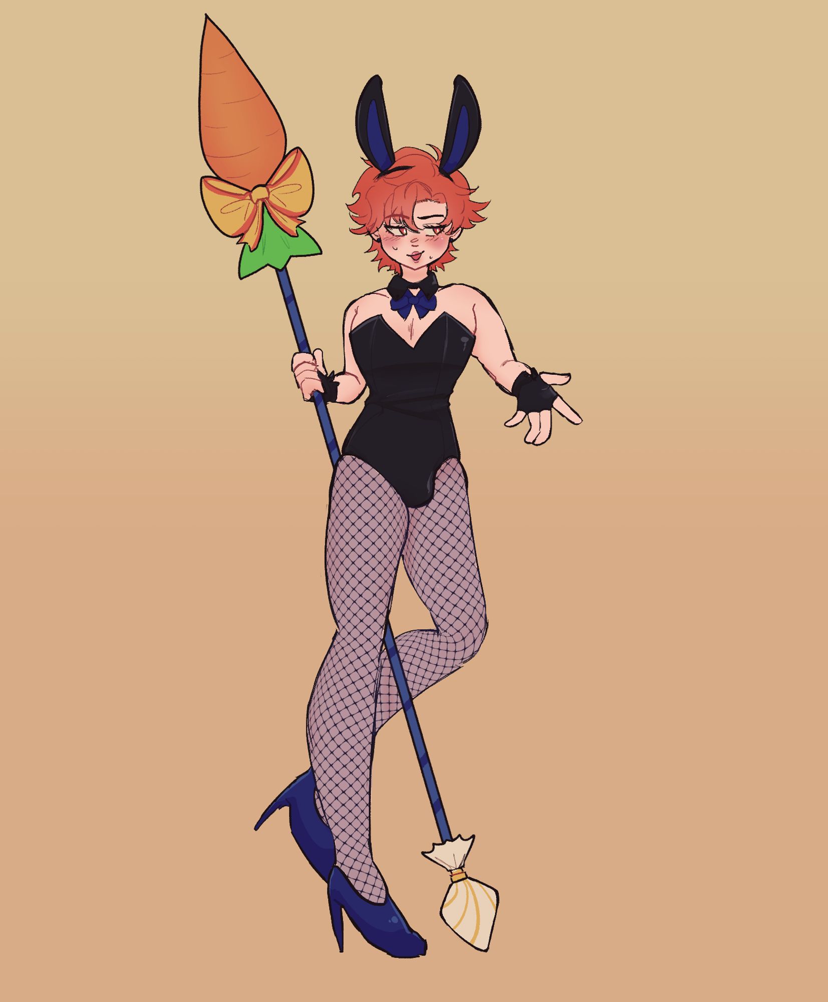 Sylvain in a tight shiny bunny suit with a blue bowtie, fishnets, and heels. He's also wearing makeup. He's holding a simplified version of his Spring spear from heroes, his other hand held out to the viewer as he looks to the side. While he's smiling he looks nervous, or maybe irked. 