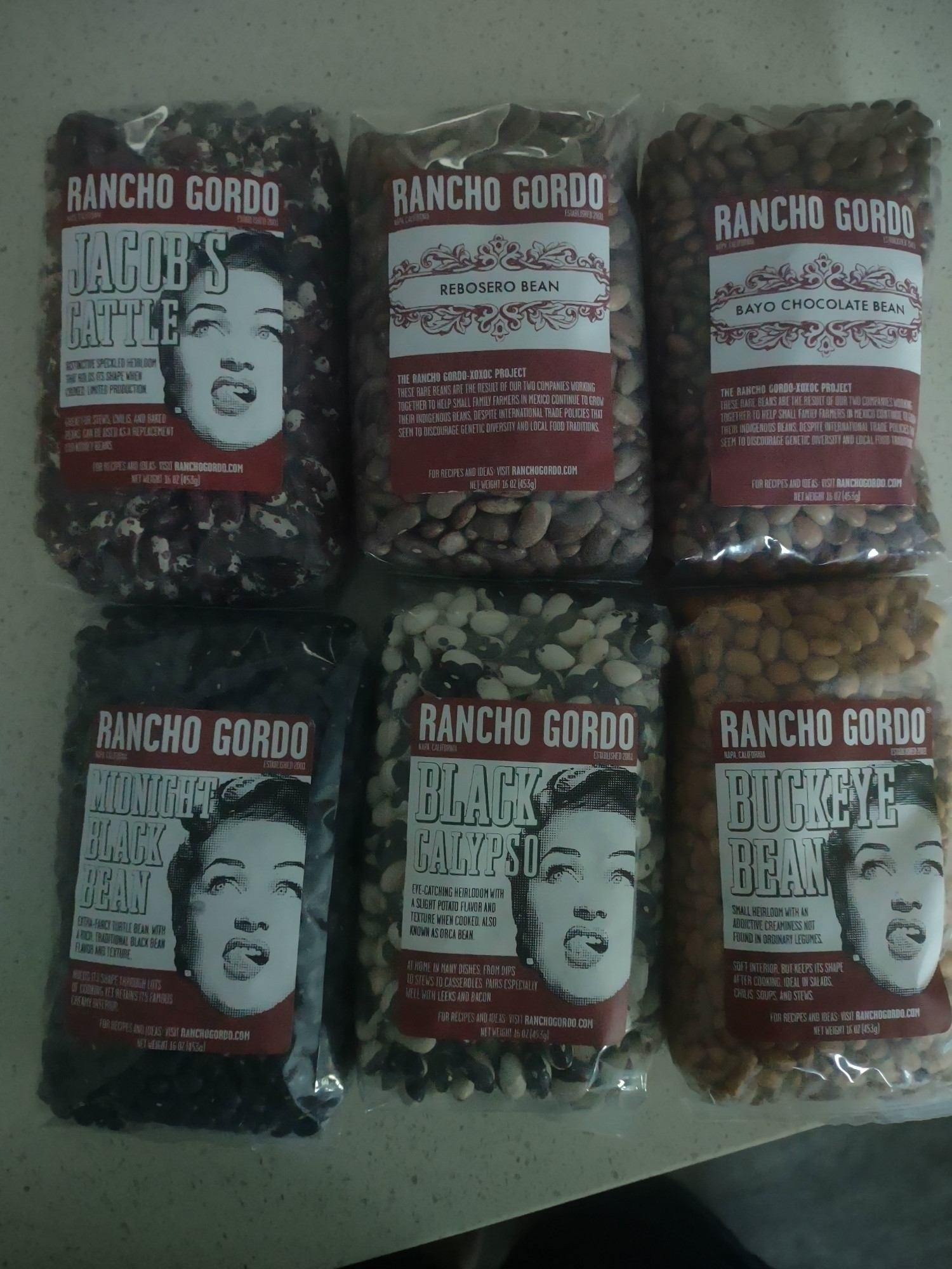 Rancho Gordo Jacobs cattle, rebosero, bayo chocolate, midnight black, black Calypso, and buckeye beans