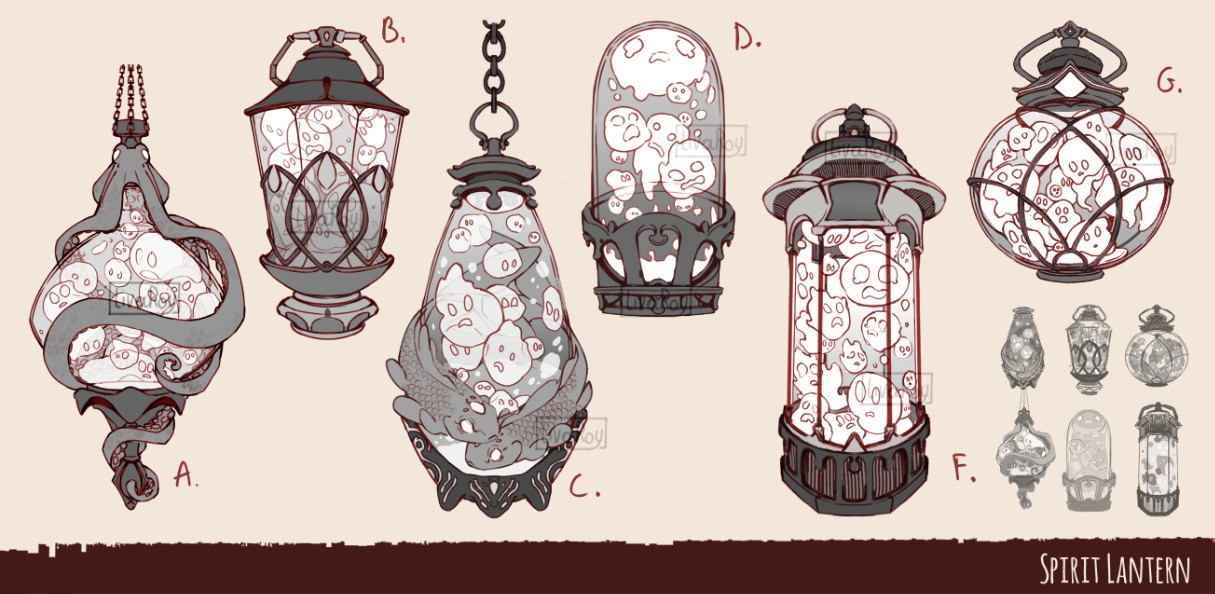 Digital art. Concept Art. Prop design iteration sheet for spirit lantern designs. Varying in shapes and themes.