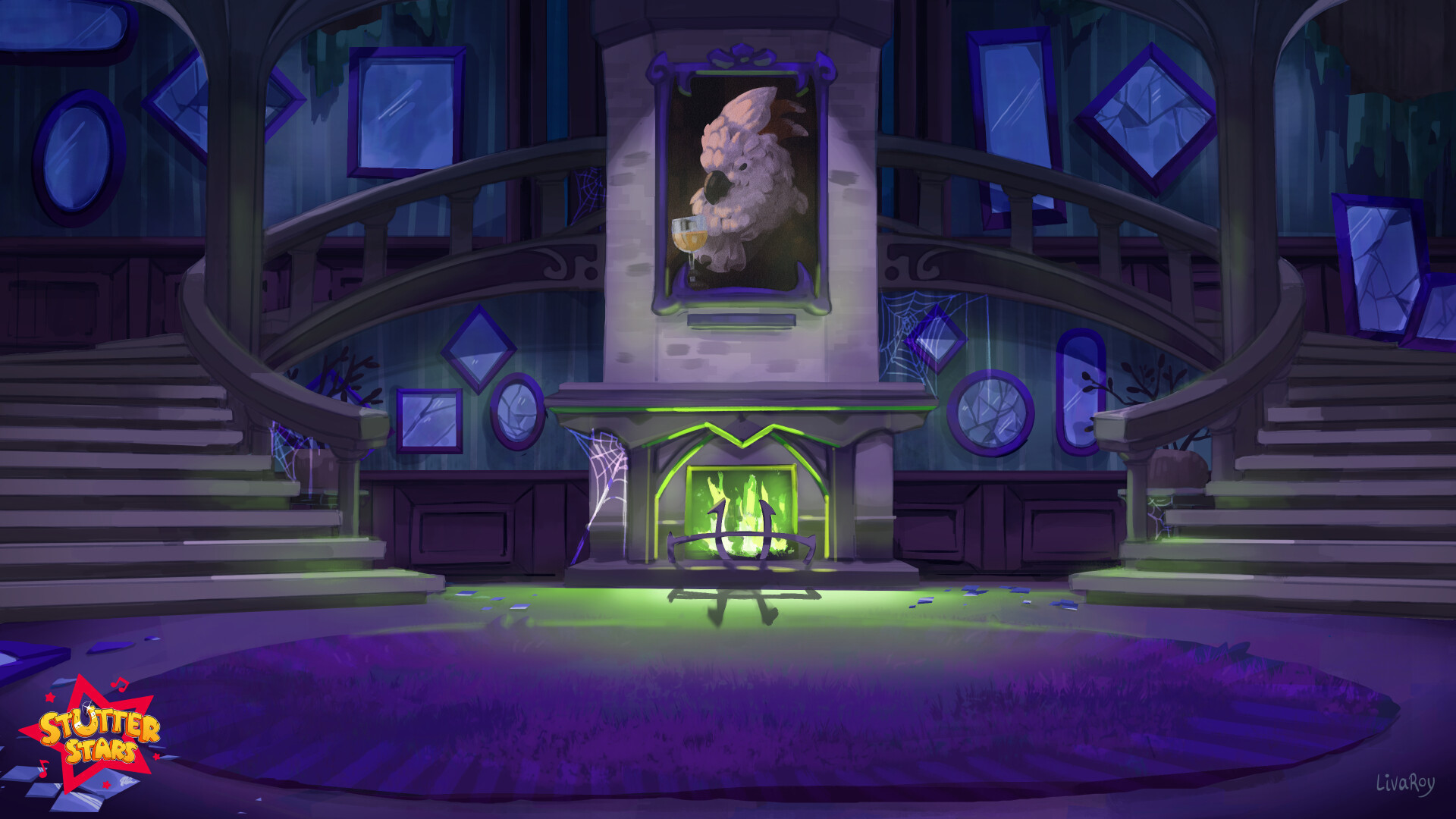 digital art. Stylized. Background illustration done for Say-It Labs. The entrance hall of a haunted mansion in disrepair with purple hues and green flames in a centerpiece fireplace. winding stairs lead up to the first floor. On the walls there hang many mirrors of varying sizes, all broken and the wallpaper has come loose.