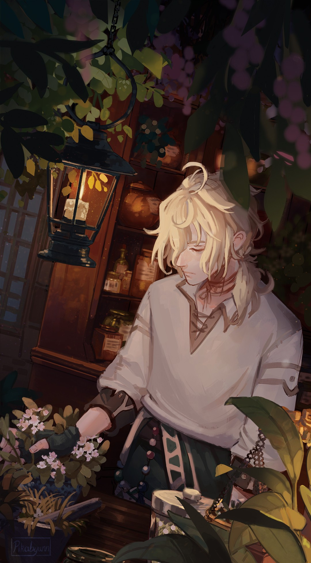 Digital illustration of a blonde man tending to plants in an apothecary underneath the light of a lantern.