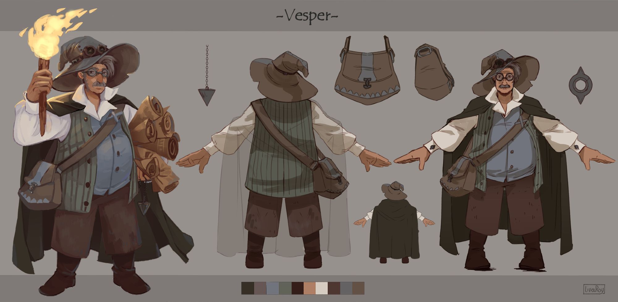 stylized. Digital art. Character design and modelling sheet. Old explorer, mentor archetype in a fantasy setting.