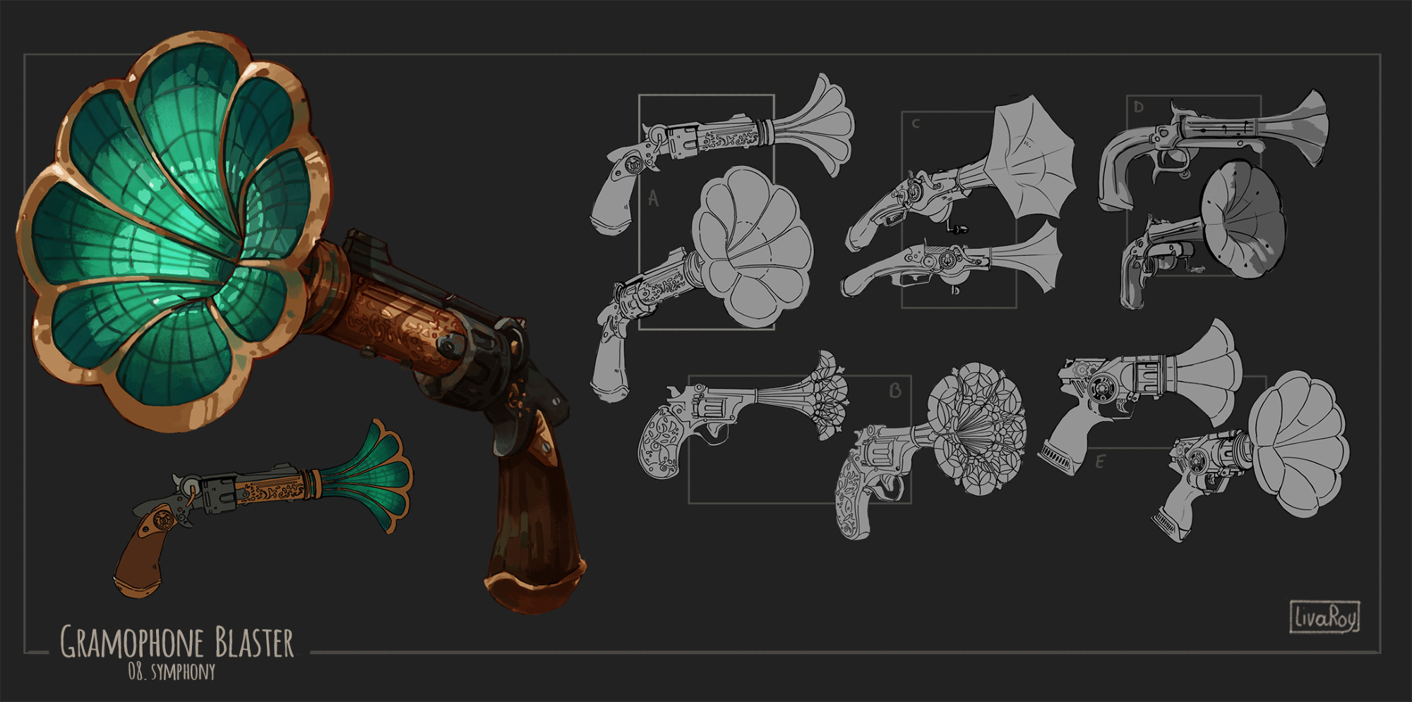 gramophone blaster. Digital art. Stylized concept art. Left side has the finished weapon design, the right has 3/4th and side view iterations.