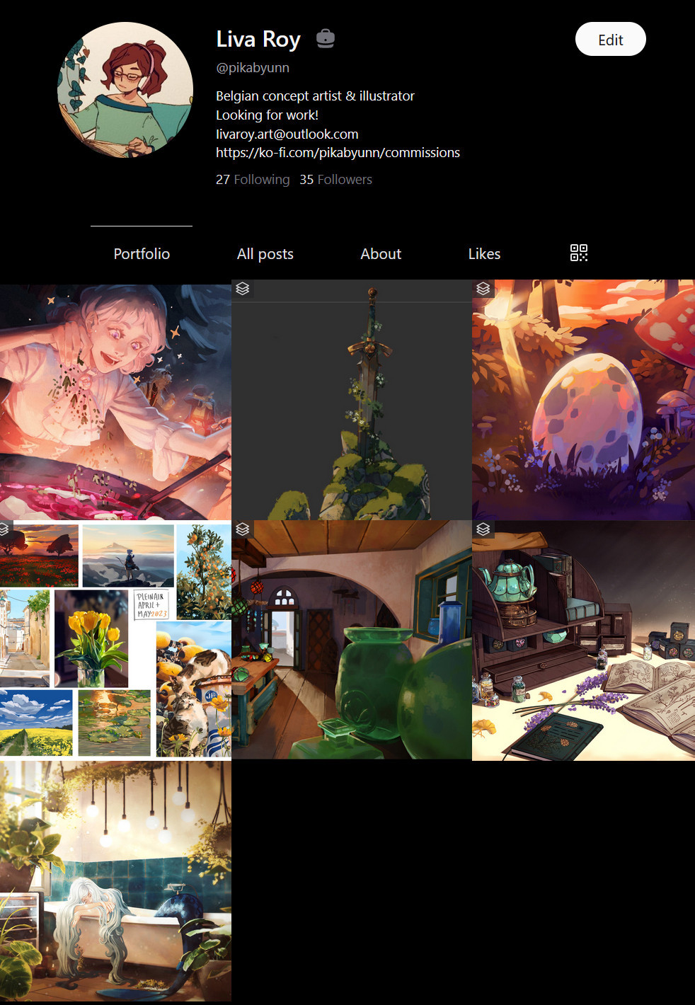 Screengrab of Pikabyunn's cara page. The portfolio tab is set up in a grid system with square previews of the projects.