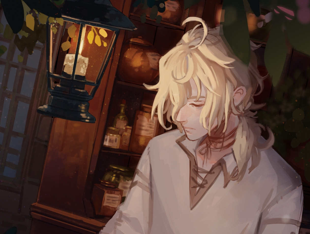 Close-up. Digital illustration of a blonde man tending to plants in an apothecary underneath the light of a lantern.