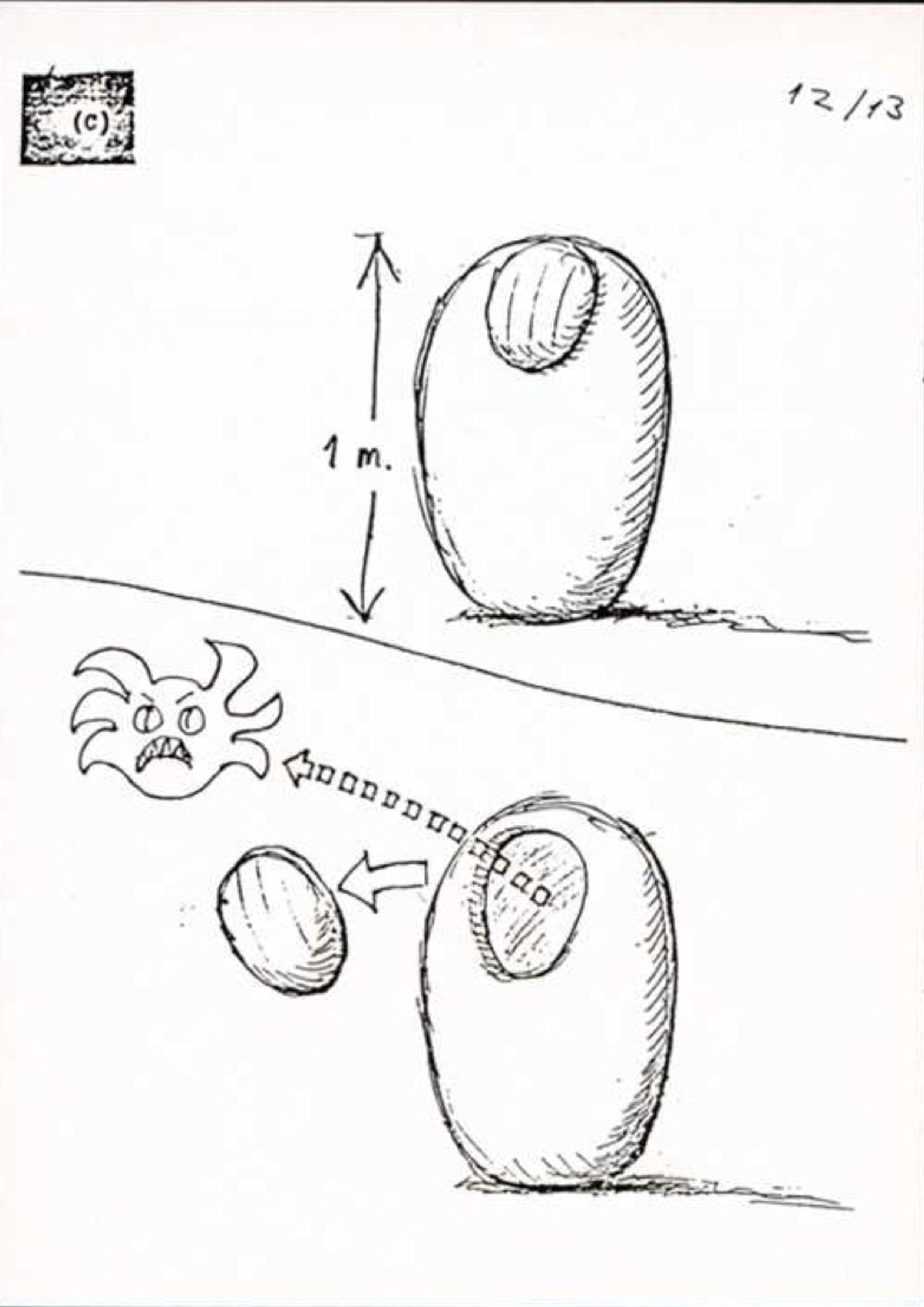 A black and white illustration in two panels divided by a horizontal line across the middle of the page: the upper panel is an egg with a circular depression near the top, and an arrow indicating that it’s 1 m tall. The lower panel shows an emoji-like creature with an angry face and six pointy limbs yeeting from the hole.