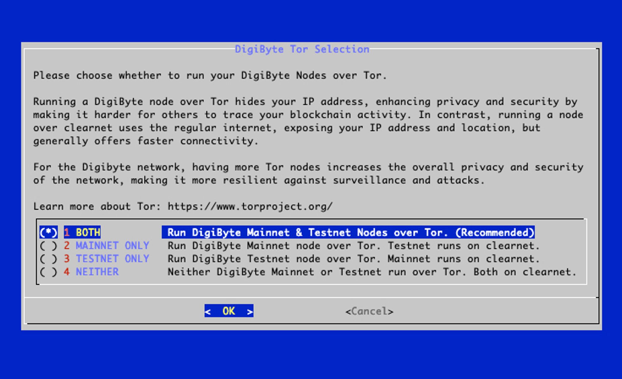 Screenshot of DigiNode Tools showing how you can enable Tor support for your nodes.