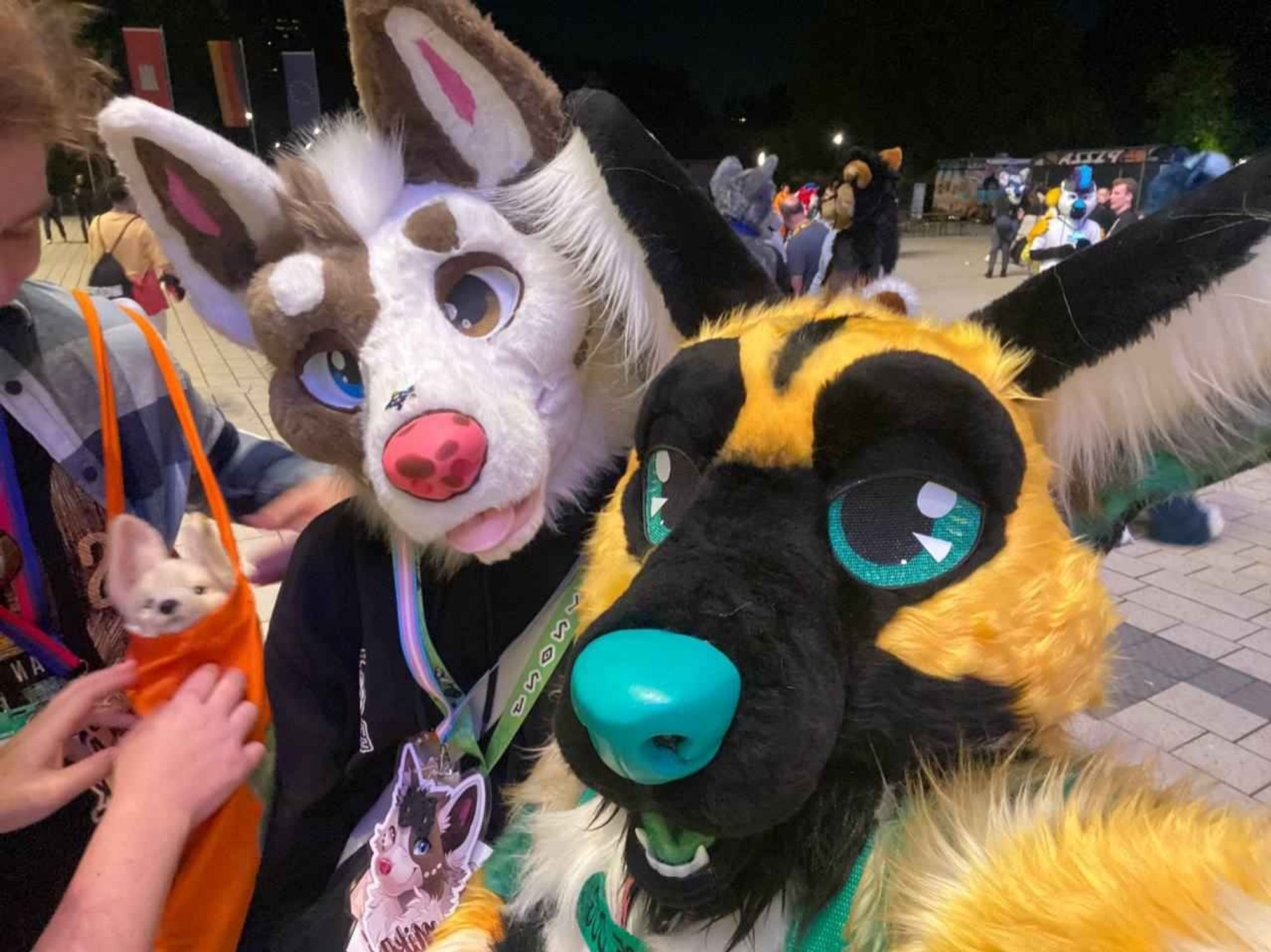 A selfie of two fursuiters taken in front of the convention center in Hamburg. In the front is an African Wild dog with yellow black colors and big fuzzy ears. In the back is a brown white dog with a star sticker on her nose.