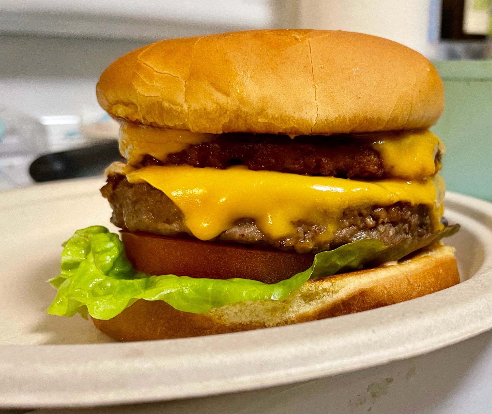 Vegan double cheeseburger with lettuce, tomato & special sauce