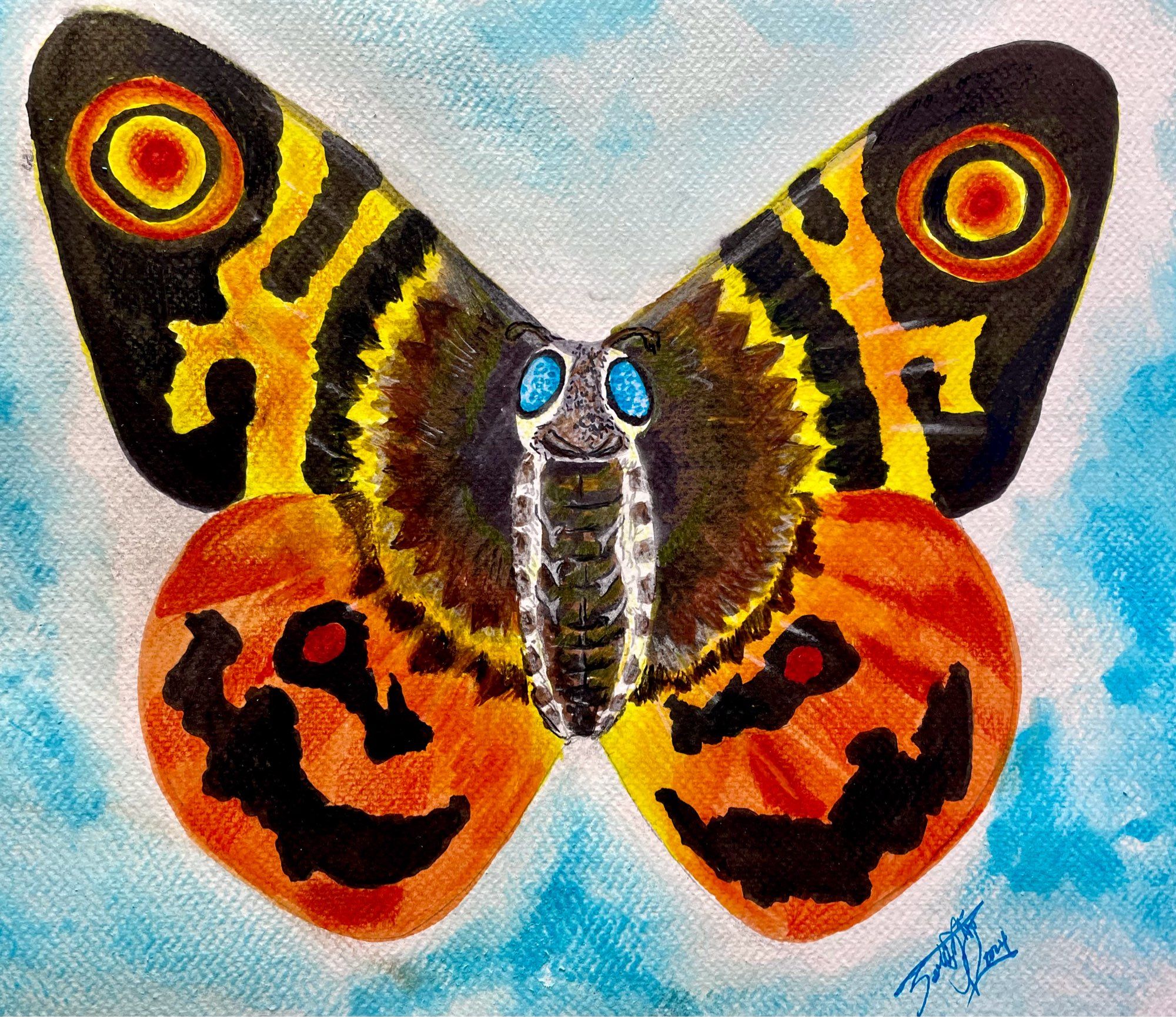 Watercolor pen and pencil drawing of a divine moth, some call Mothra, with blue eyes &black, yellow, orange and red wings. On a blue washed background.