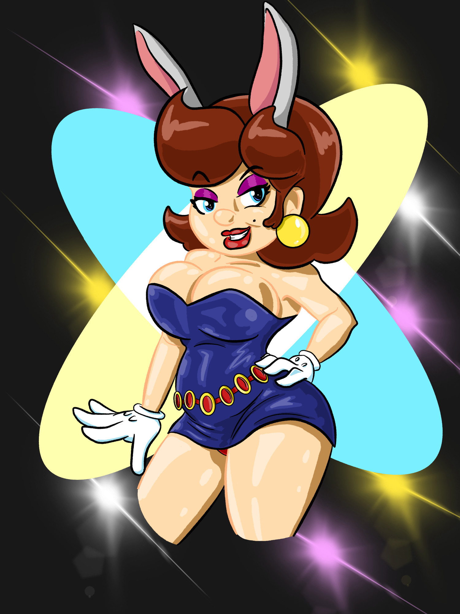 Female Super Mario with rabbit ears wearing a blue mini-dress based on a dress I saw in Ranma 1/2