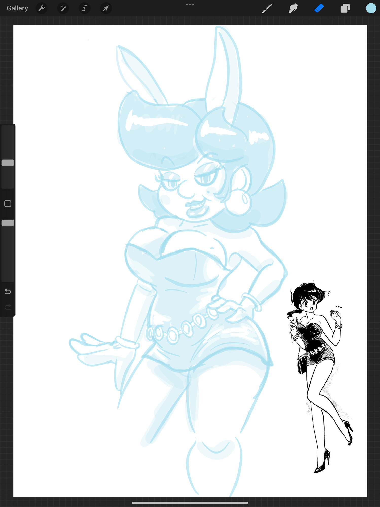 Sketch of Bunny Mario wearing a mini dress based on one I saw on a Ranma 1/2 page.