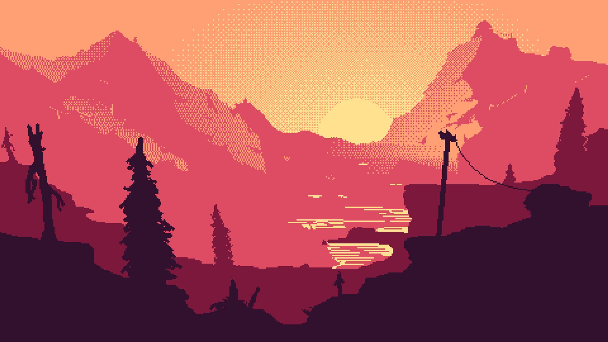 A pixel art sunset inspired by Shoshone National Park, the location of Campo Santo's game, Firewatch. The illustration features trees in the foreground, mountains in the background, and a low sun on the horizon. The picture uses a 5 color palette.