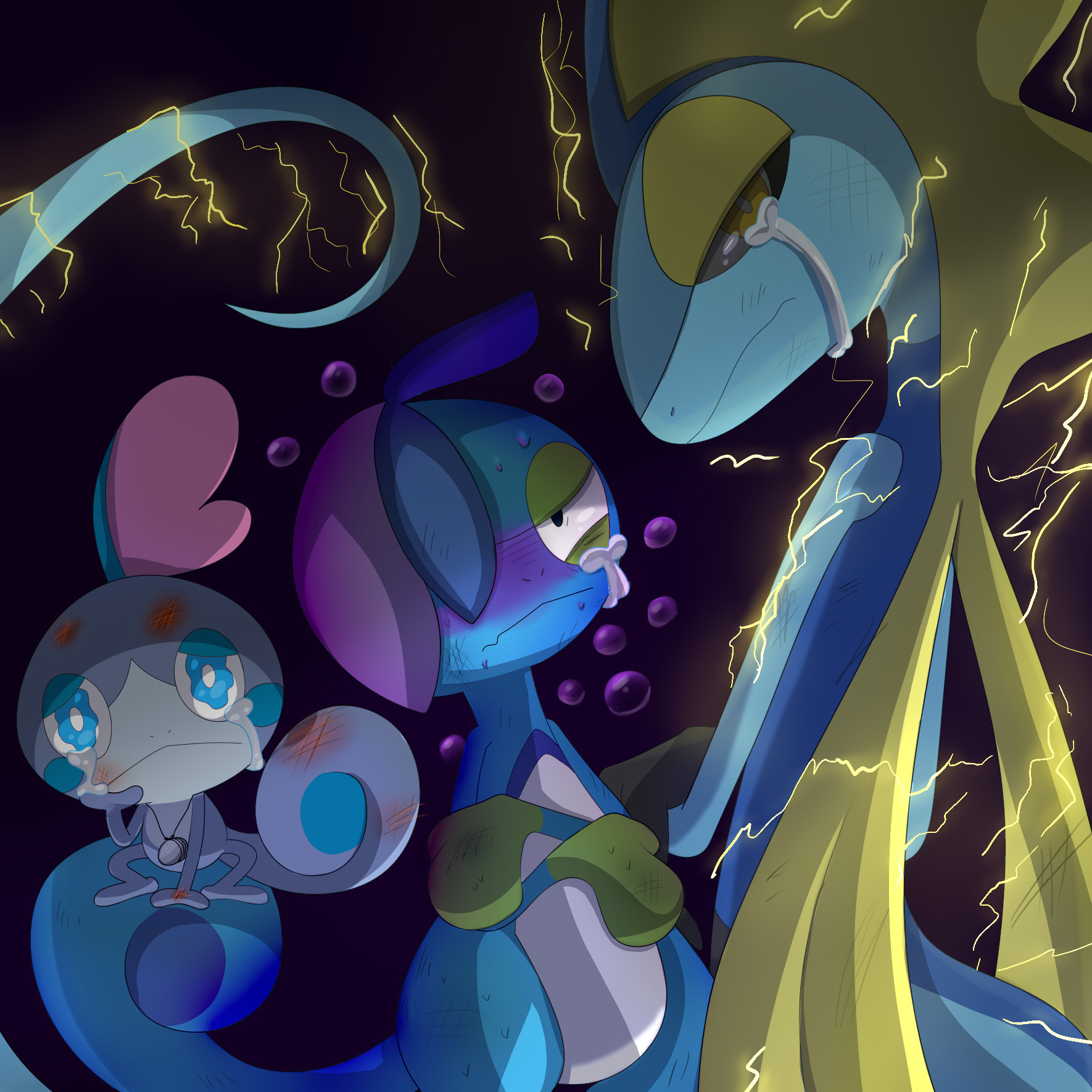 A illustration of shiny Sobble, a Drizzile and an Inteleon with burn, poisoned and paralyzed status each.