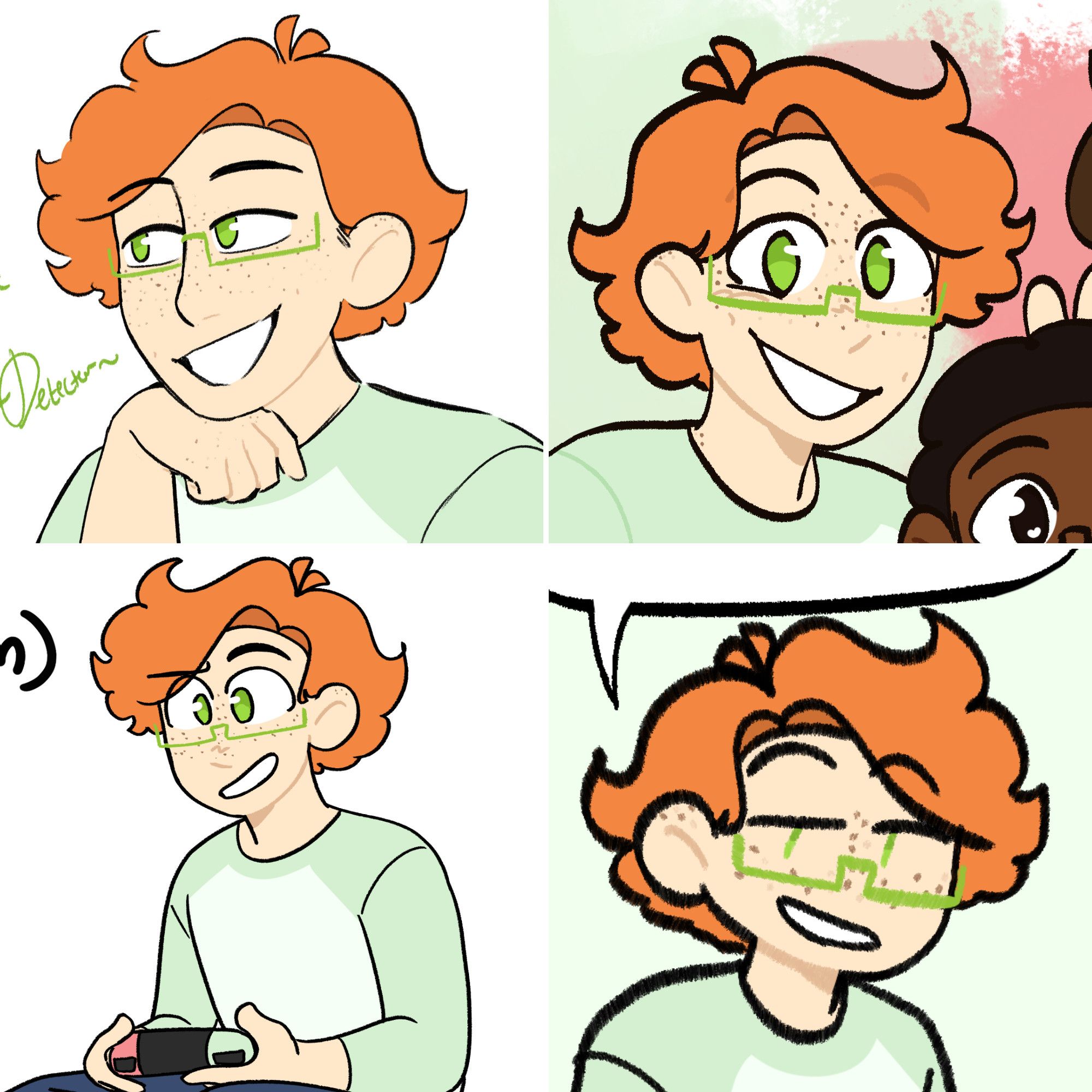 a four square photoset of a redhead with short curly orange hair that reaches around his mid-neck. he has green eyes, freckles, and green-colored glasses. 
he has two ahoges on the top of his hair, and is smiling in every photo. he also has dimples!