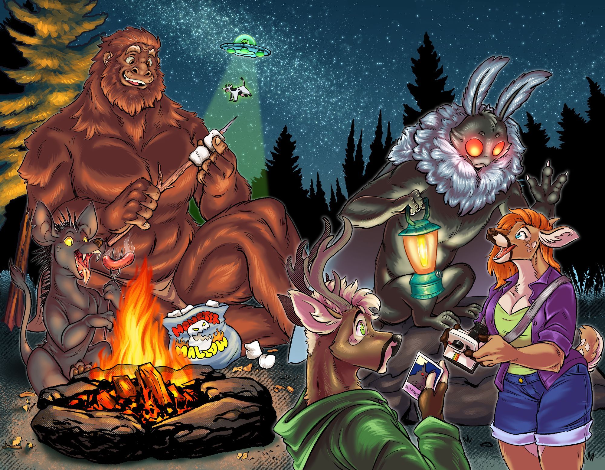 A nighttime camping scene with different cryptid monsters (and an alien!) all interacting. From left to right - Chupacabra, Sasquatch/Bigfoot, Mothman, Dash (male deer) and Dawn!