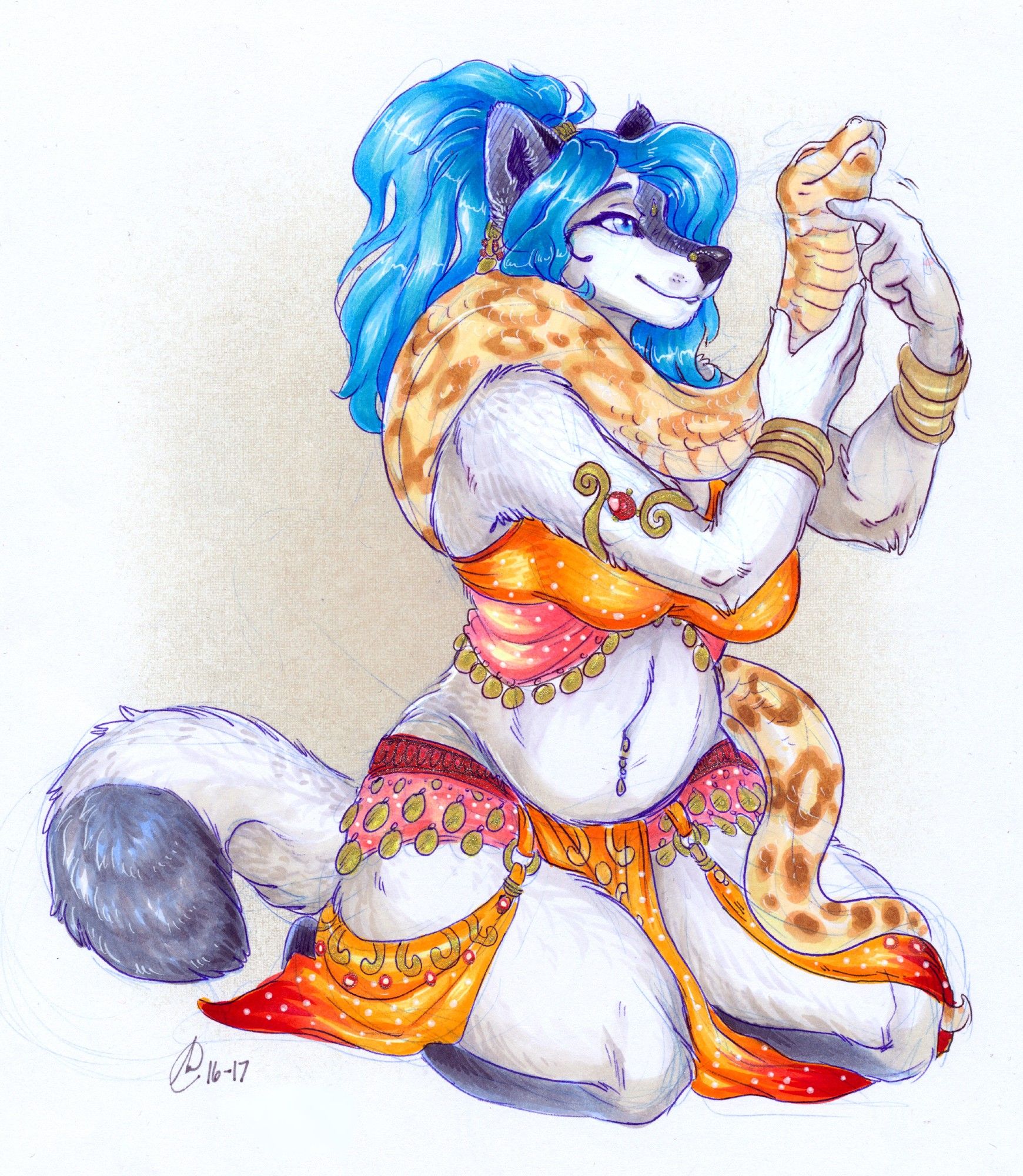 Anthro female wolf with blue hair and a lavish outfit scratching under a large snake's chin.