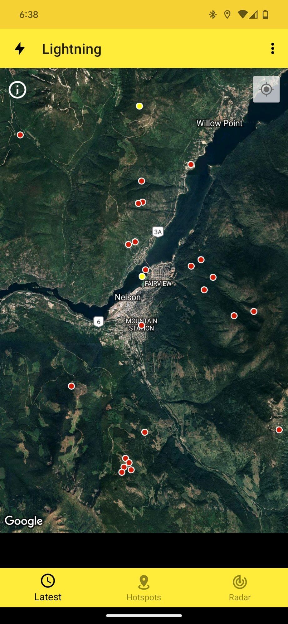 Lightning map of Nelson, BC.