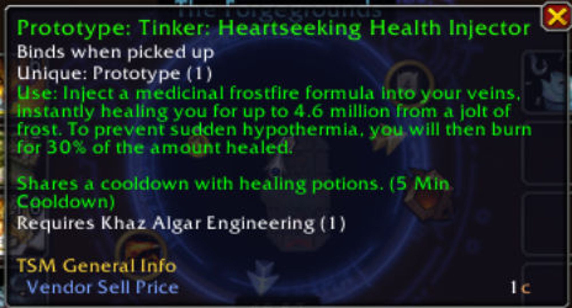 Heartseeking Health Injector
Use: Inject a medicinal frostfire formula into your veins, instantly healing you for up to 4.6 million from a jolt of frost. To prevent sudden hypothermia, you will then burn for 30% of the amount healed.