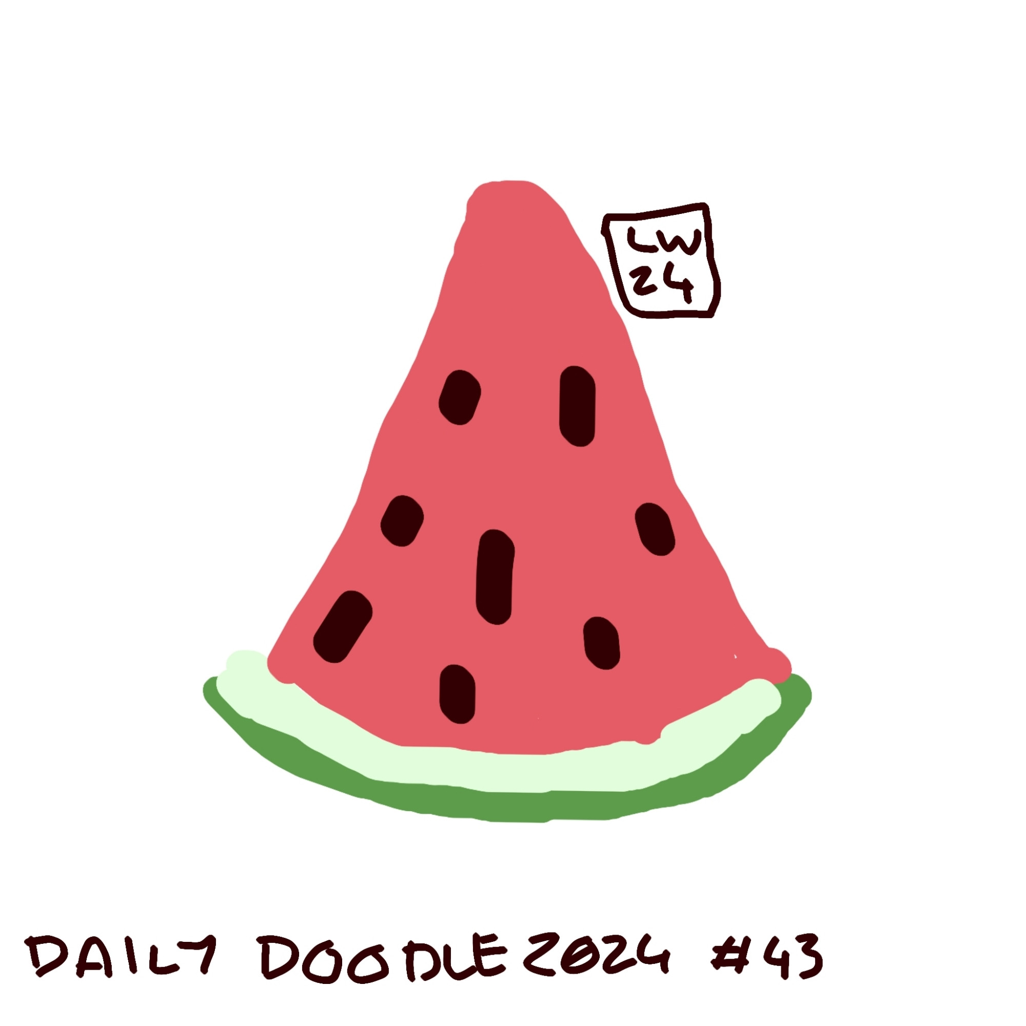 A simple line-less drawing of a slice of watermelon with the text "daily doodle 2024 #43" at the bottom.