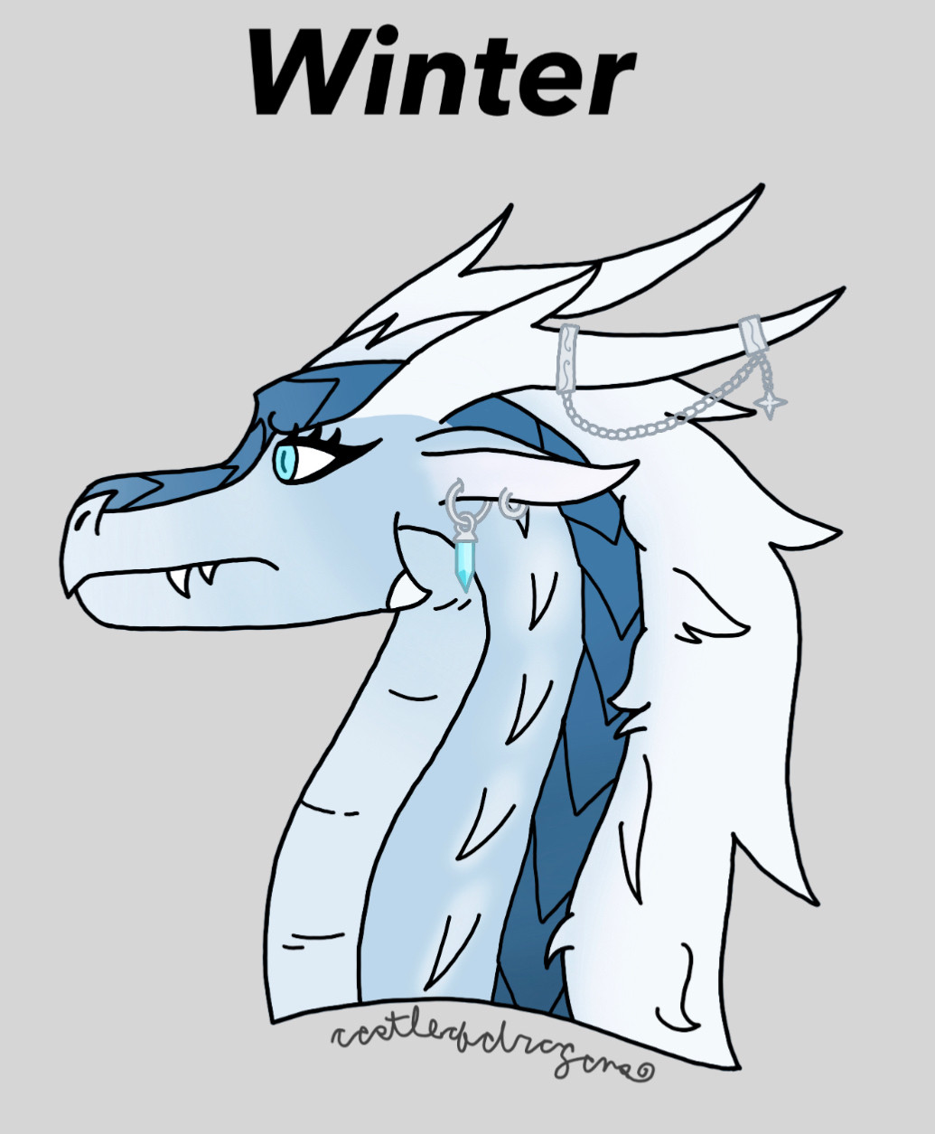 A design of Winter from the wings of fire series. He has a fluffy white mane instead of spikes. As well as silver earrings with a blue crystal. Silver cuffs with a chain hanging attached to both.