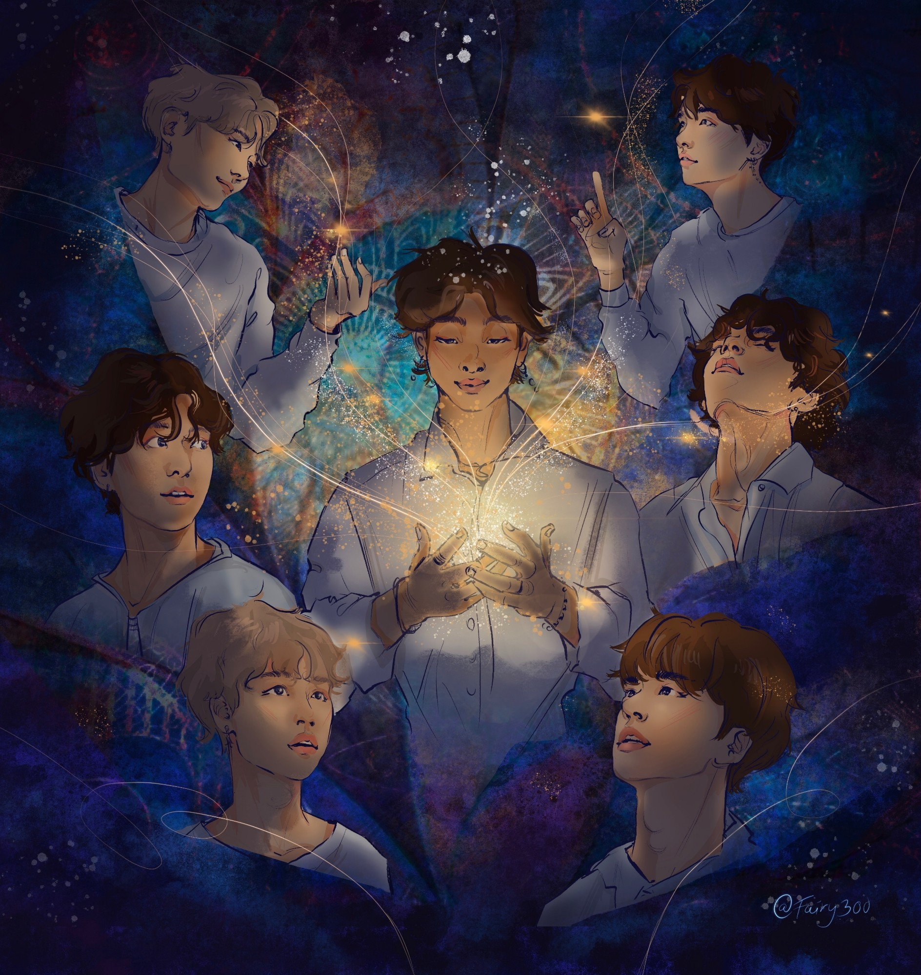 Illustration of all BTS members in white shirts in front of a swirly blue background. Only their upper bodies are visible. Namjoon is in the center, holding a light that spreads out and illuminates the members faces around him. Their faces are full of awe, Taes head is tipped back. Yoongi and Hobi are trying to touch the light.