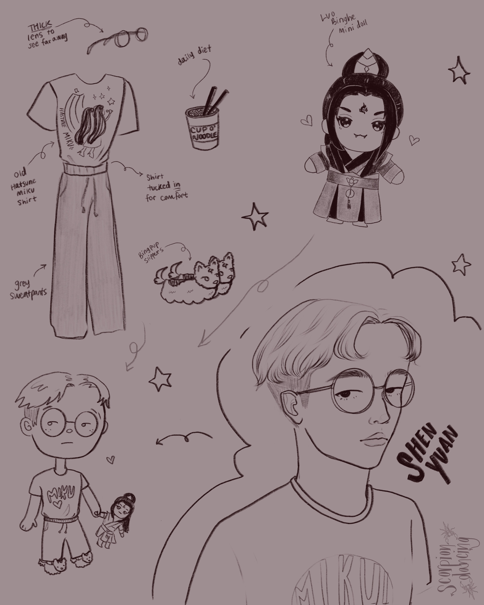 Character sheet of Shen Yuan with his go to outfit of a graphic tee (hastune miku) tucked into grey sweatpants and bingpup slippers. There is a drawing of the bingge mini doll and him as a chibi holding the mini doll. Shen yuan has short hair above his ears and round glasses and a blank face