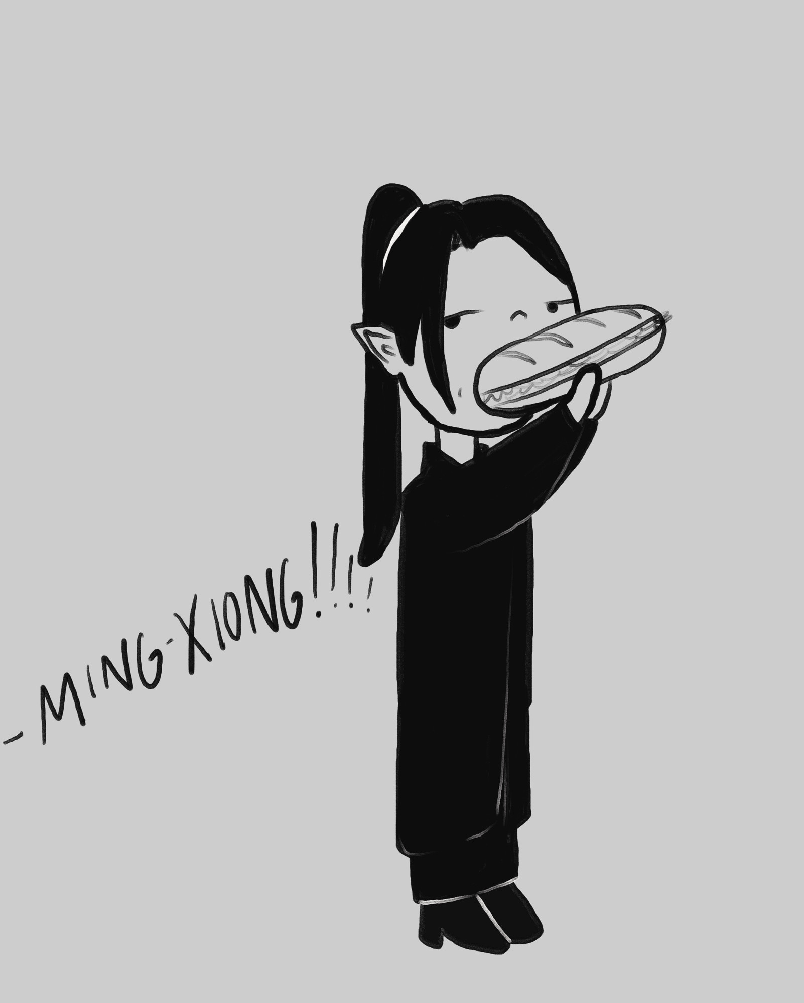 Ming Yi in chibi style shoving a giant sandwich in his mouth. Shi Qingxuan yelling from the sidelines "Ming-Xiong!" 