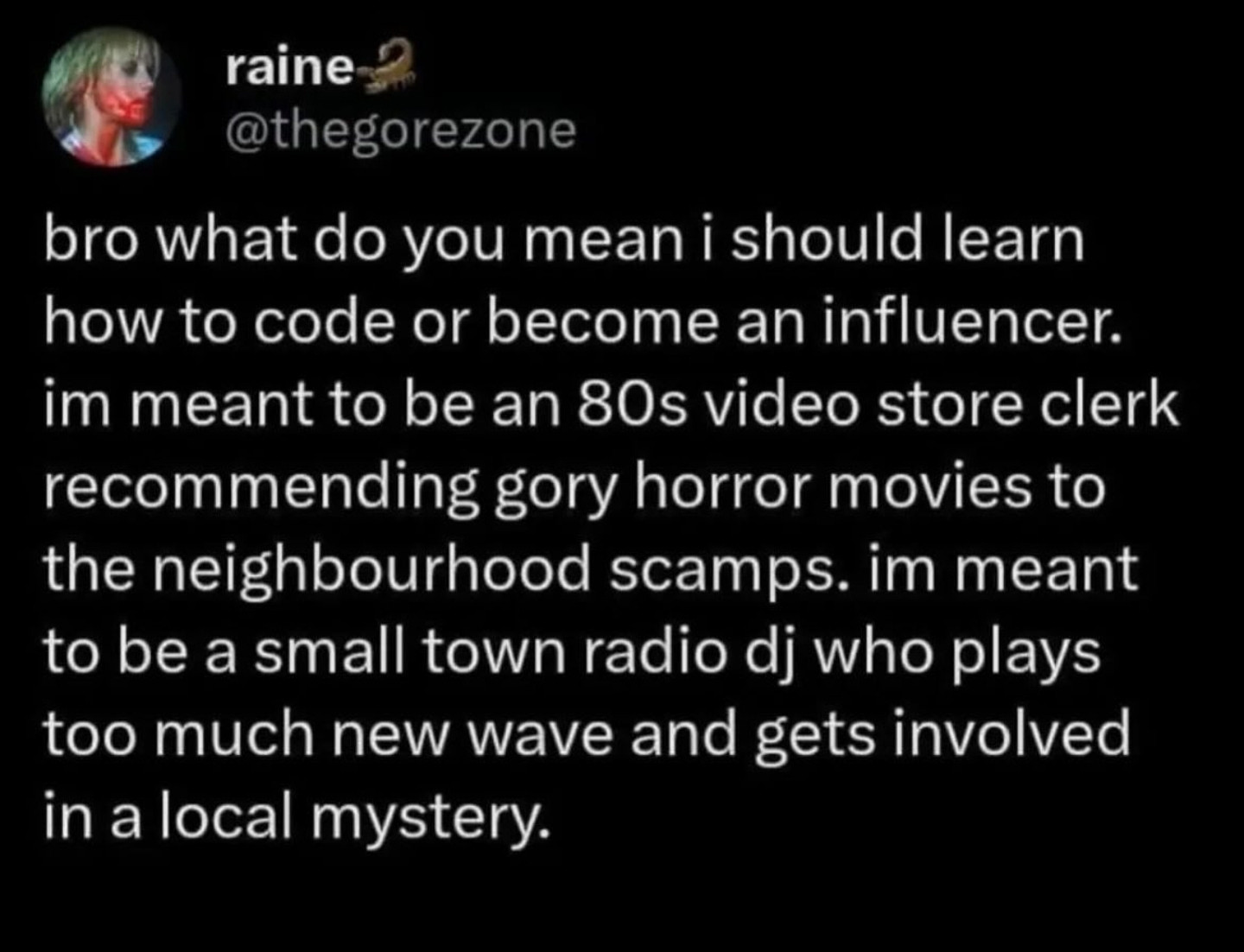 Screenshot of a tweet that reads, "bro what do you mean I should learn how to code or become an influencer. I'm meant to be an 80s video store clerk recommending fort horror movies to the neighborhood scamps. I'm meant to be a small town radio DJ who plays too much new wave and gets involved in a local mystery"