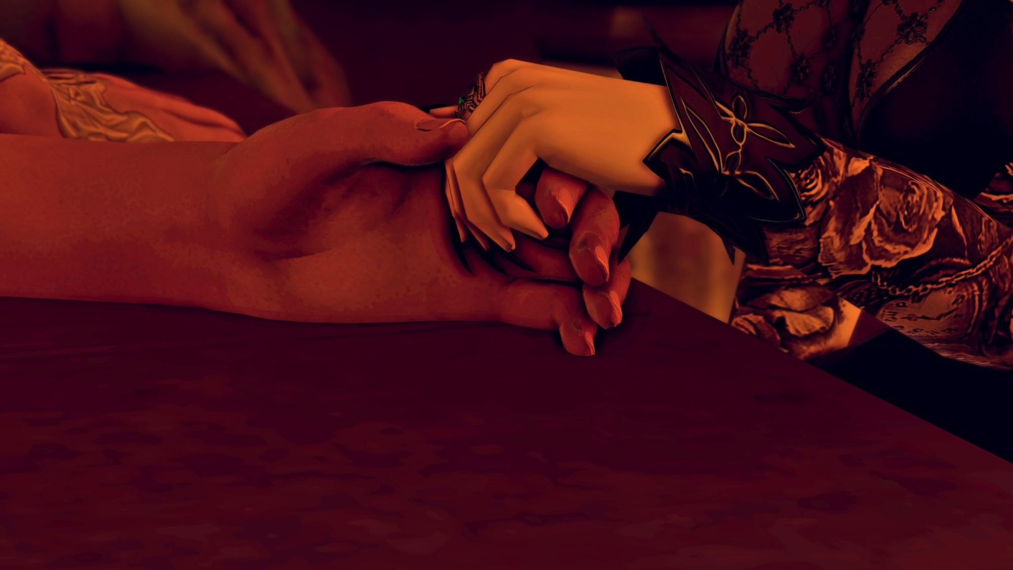 Desdemona's hand holding her partner's hand worried from him after a fight left him hurt. She shows her softer side from her usual cold sadiatic facade. She confesses to Dreamswalker she can lose anyone but him. (Old ship picture)